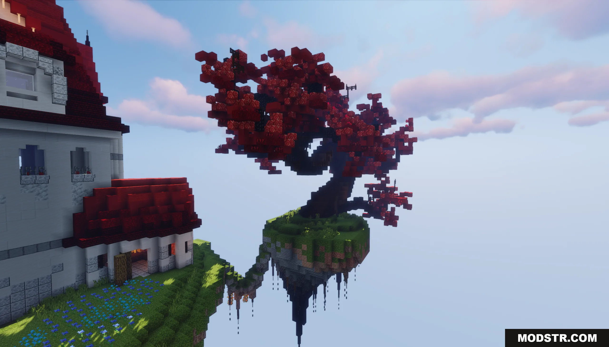 Sky Island Map Screenshot 3 A large red tree grows on a floating island next to a white house