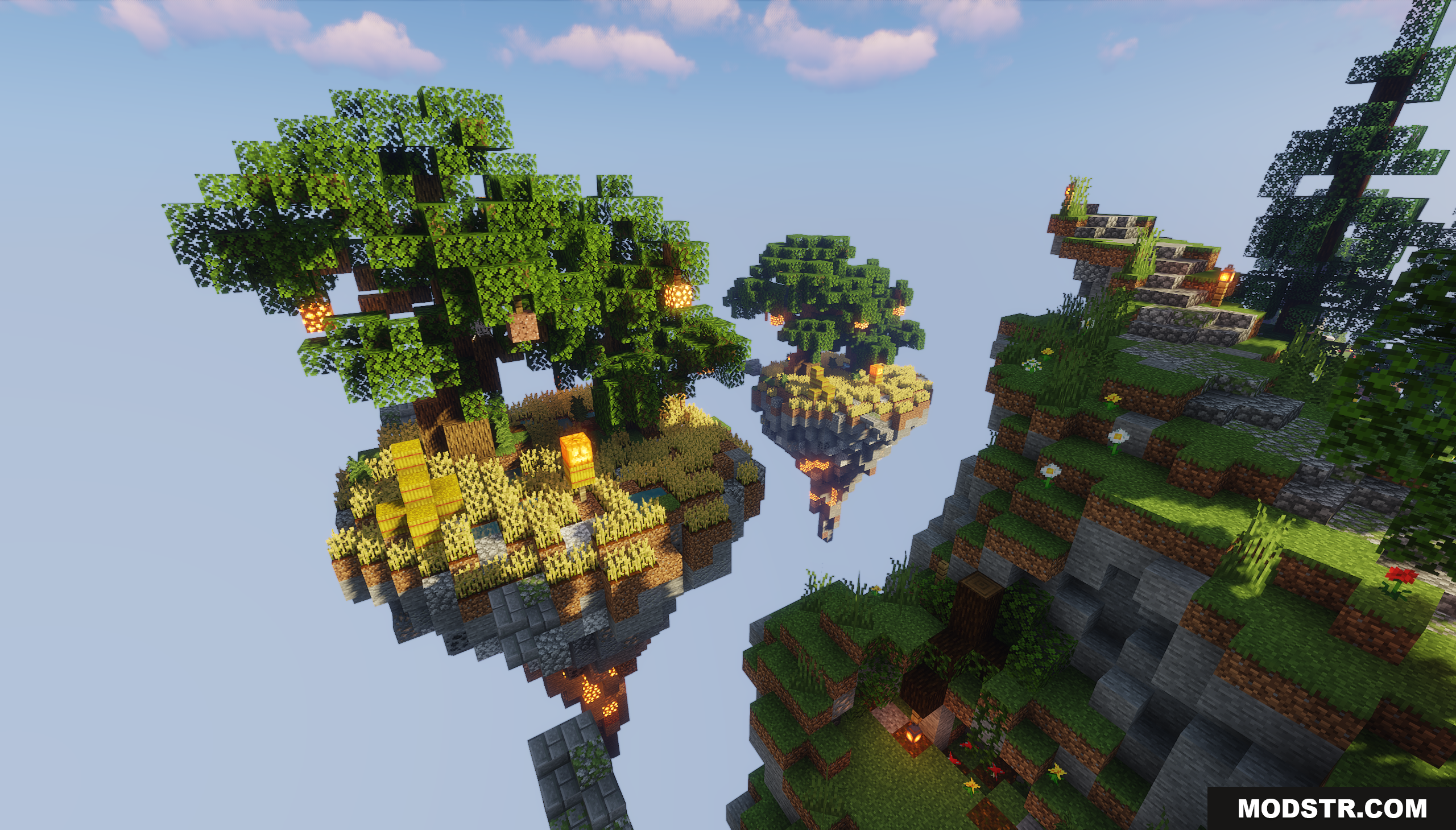 Sky Island Survival Map Screenshot 3 Smaller floating islands featuring a starting wheat farm and large trees
