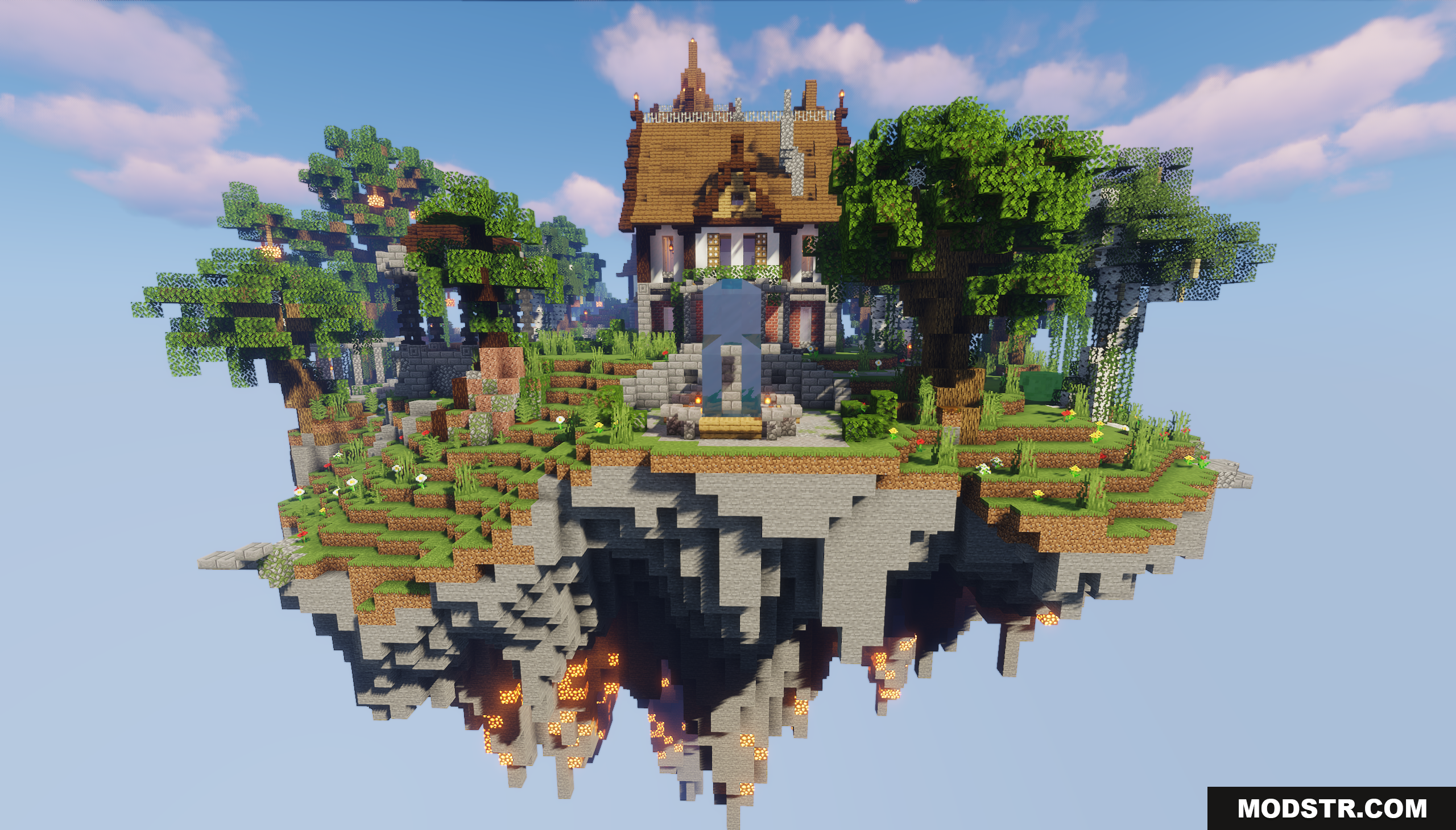 Sky Island Survival Map Screenshot 9 Main floating island featuring a large house and a central fountain