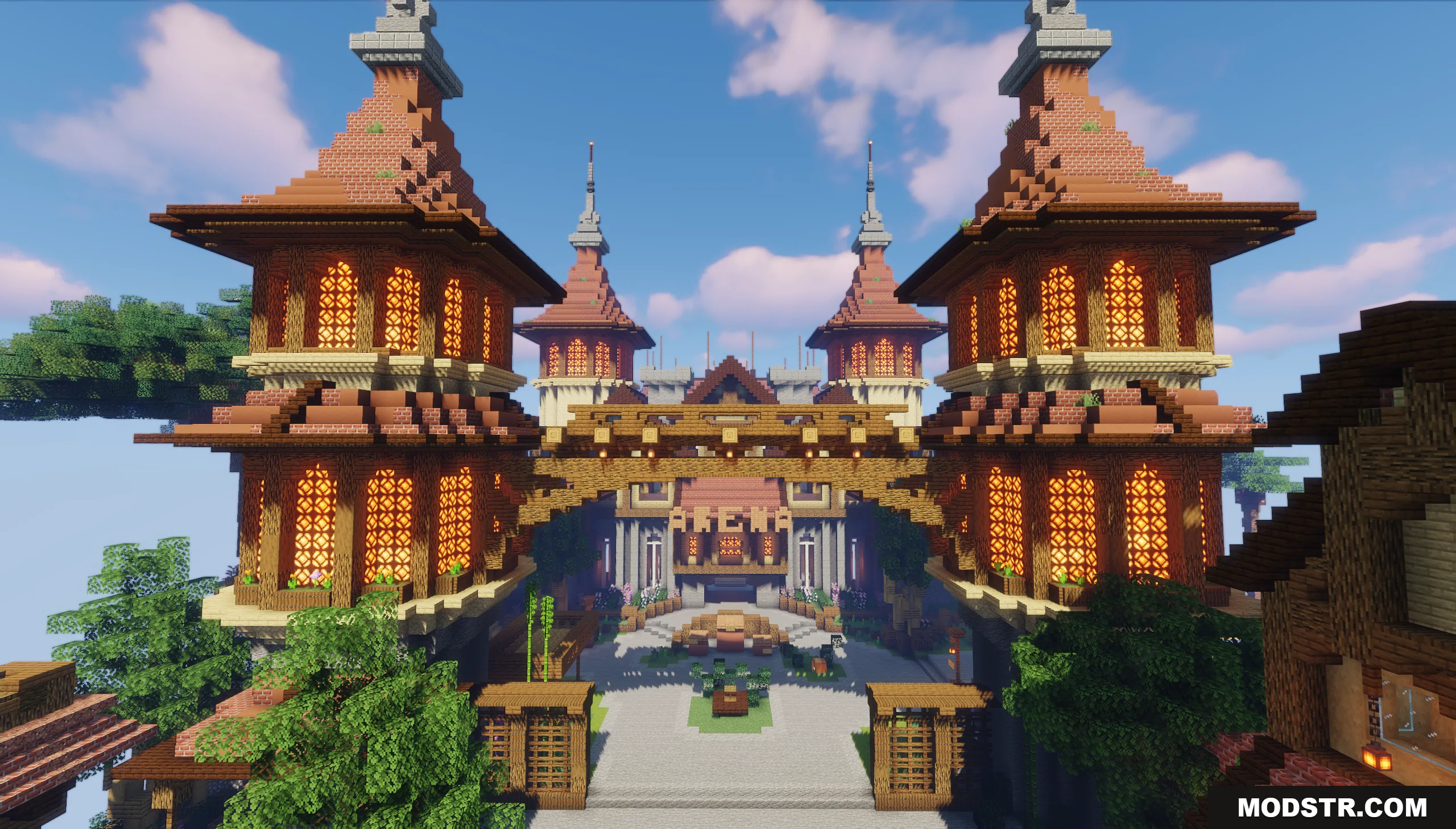 Sky Medieval Map Screenshot 1 Large medieval arena building with two glowing towers and a central wooden archway
