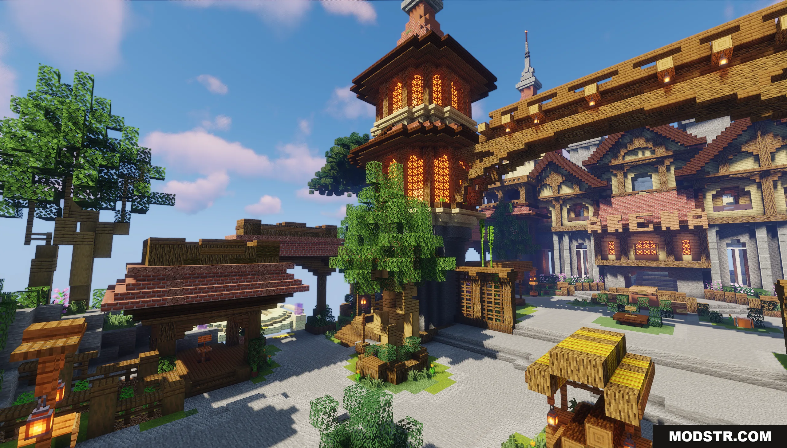Sky Medieval Map Screenshot 9 Detailed medieval town square featuring an arena building and a tall glowing tower