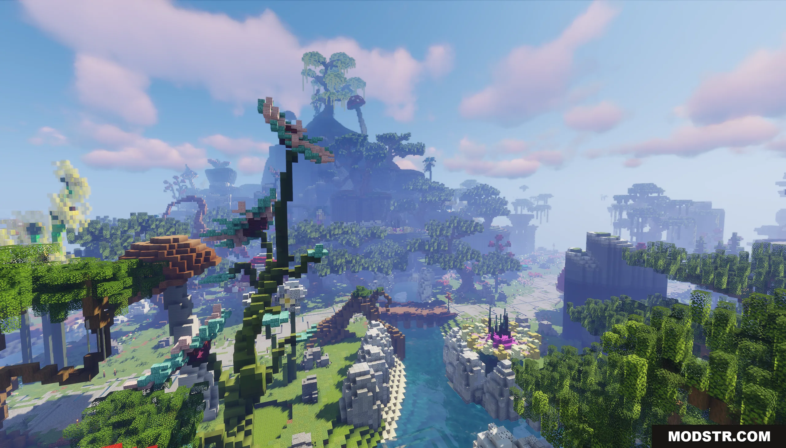 Lush fantasy landscape with giant mushrooms in the Skyblock RPG Hub Map