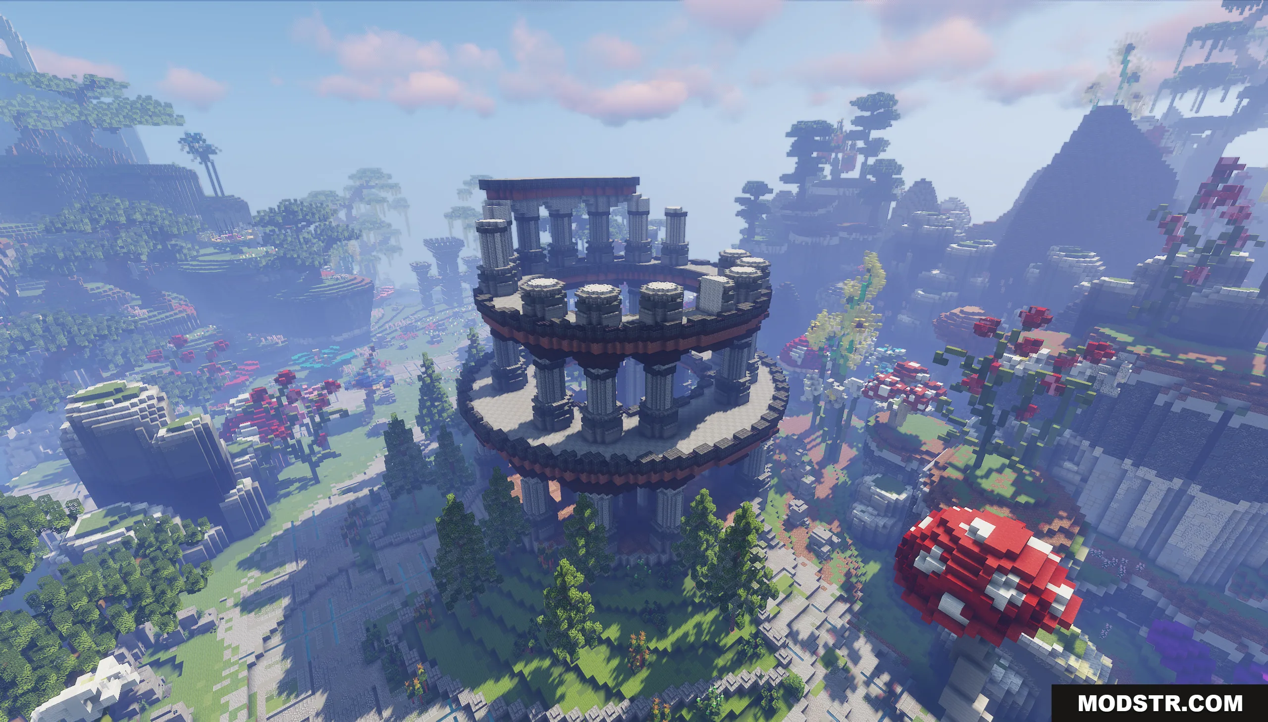 A grand circular stone building with pillars in a fantasy world