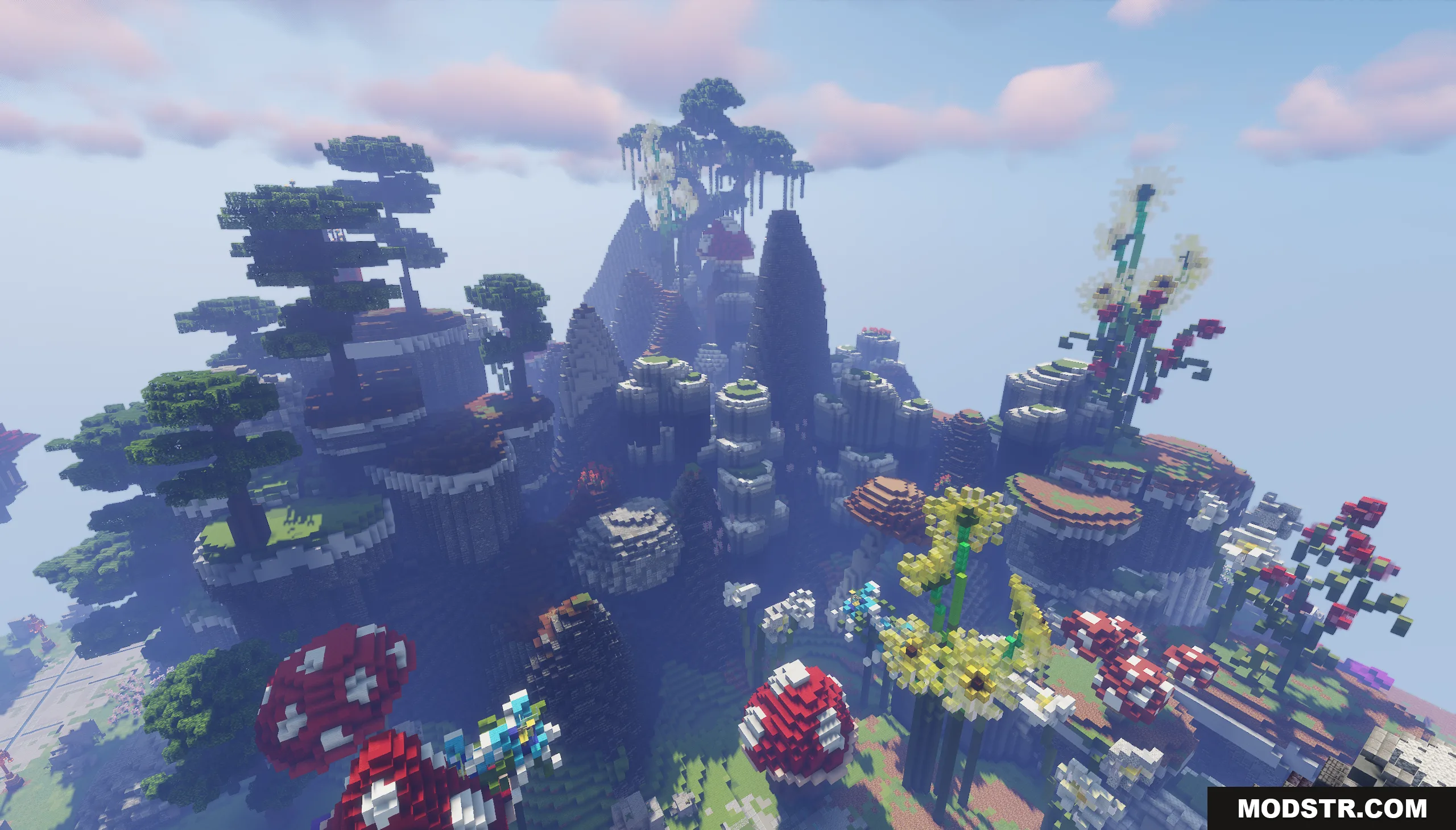 Giant mushrooms and custom trees on the Skyblock RPG Hub Map