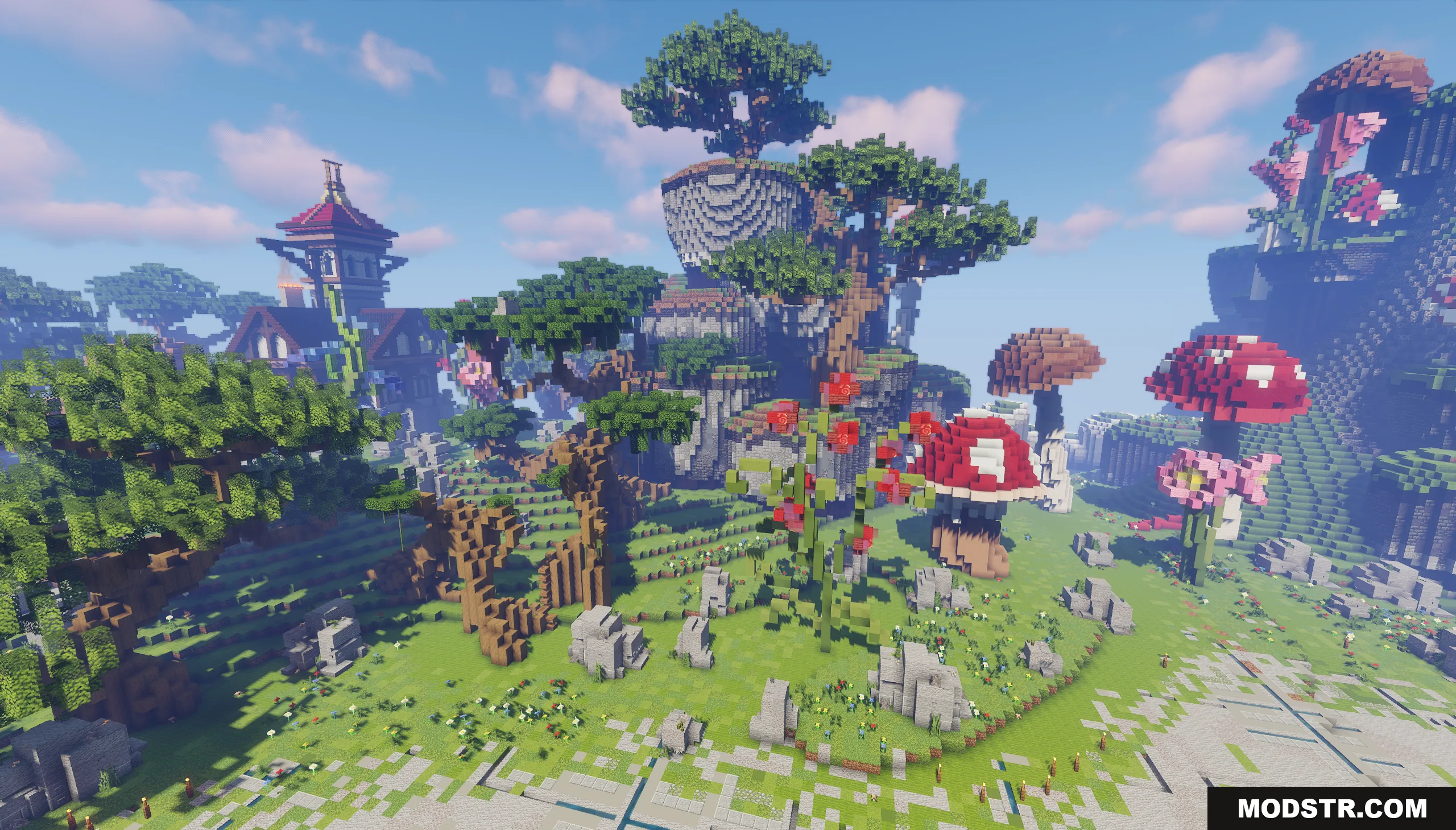 A vibrant Minecraft landscape featuring giant mushrooms and custom trees under a blue sky