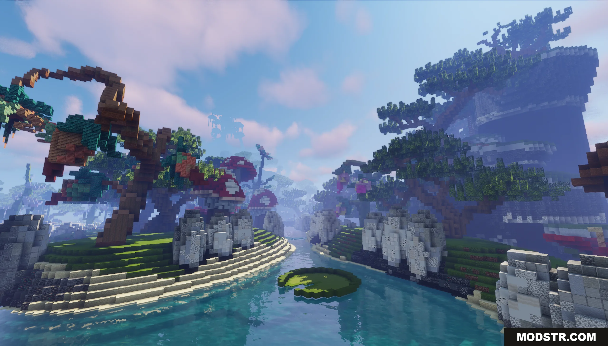 A river flows through a scenic landscape with large custom trees and rocks