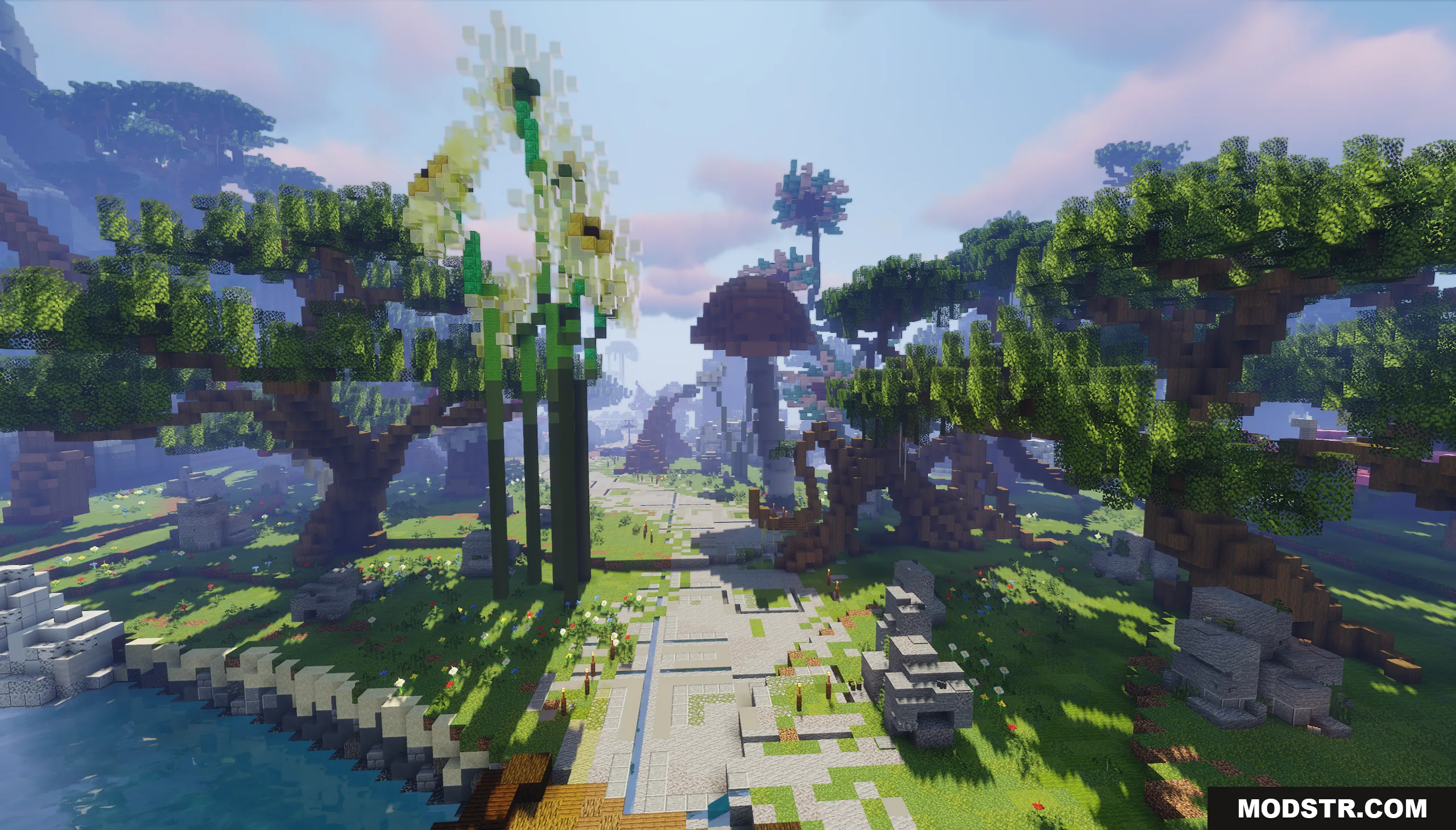 Scenic stone path winding through a forest with giant flowers and mushrooms