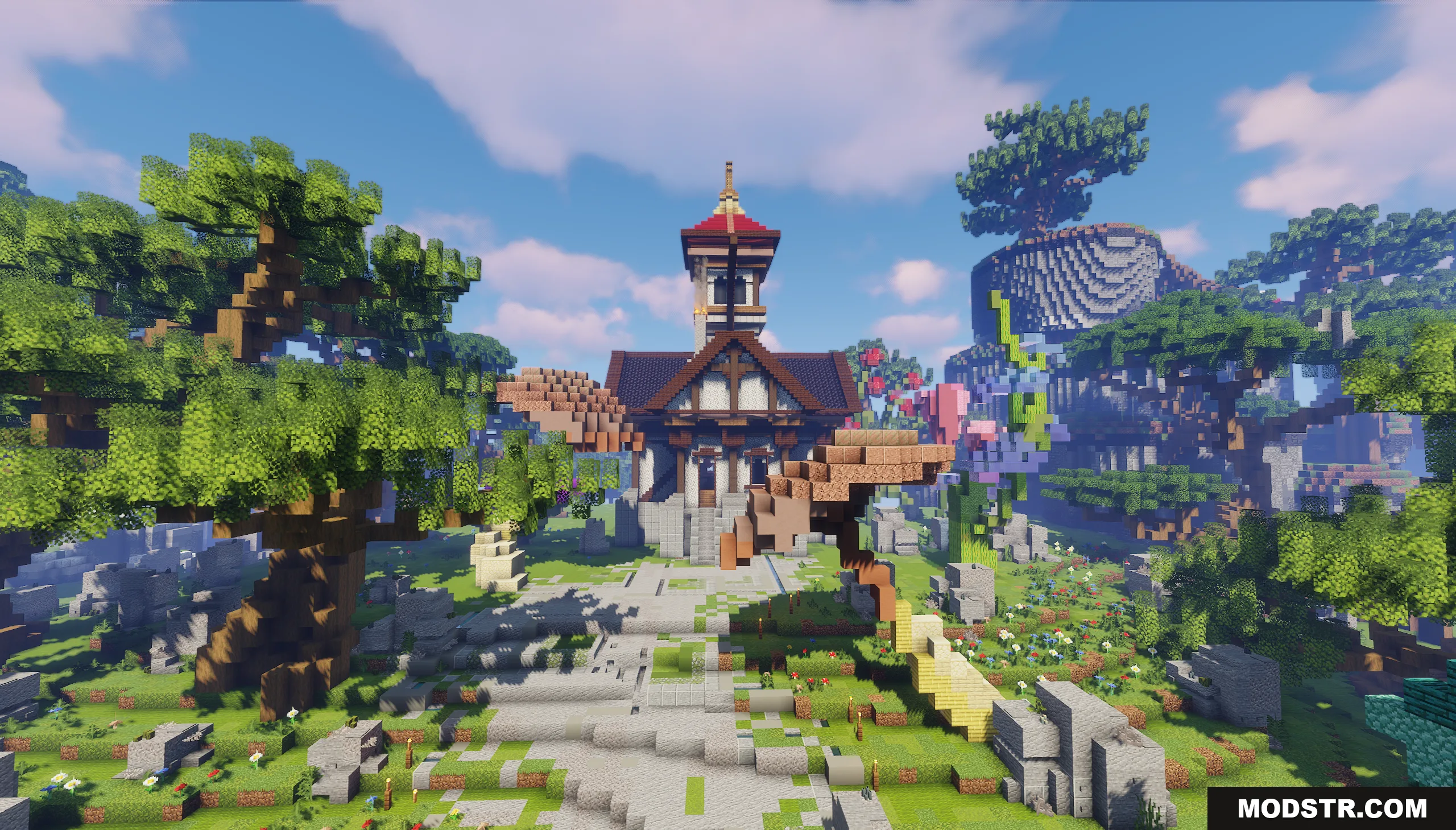 A central RPG hub building with a tall tower and custom trees