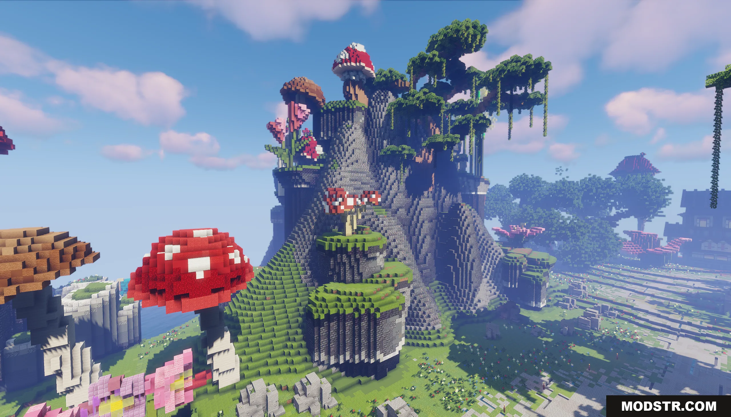 Giant red mushrooms and lush trees decorate a large stone mountain in Minecraft