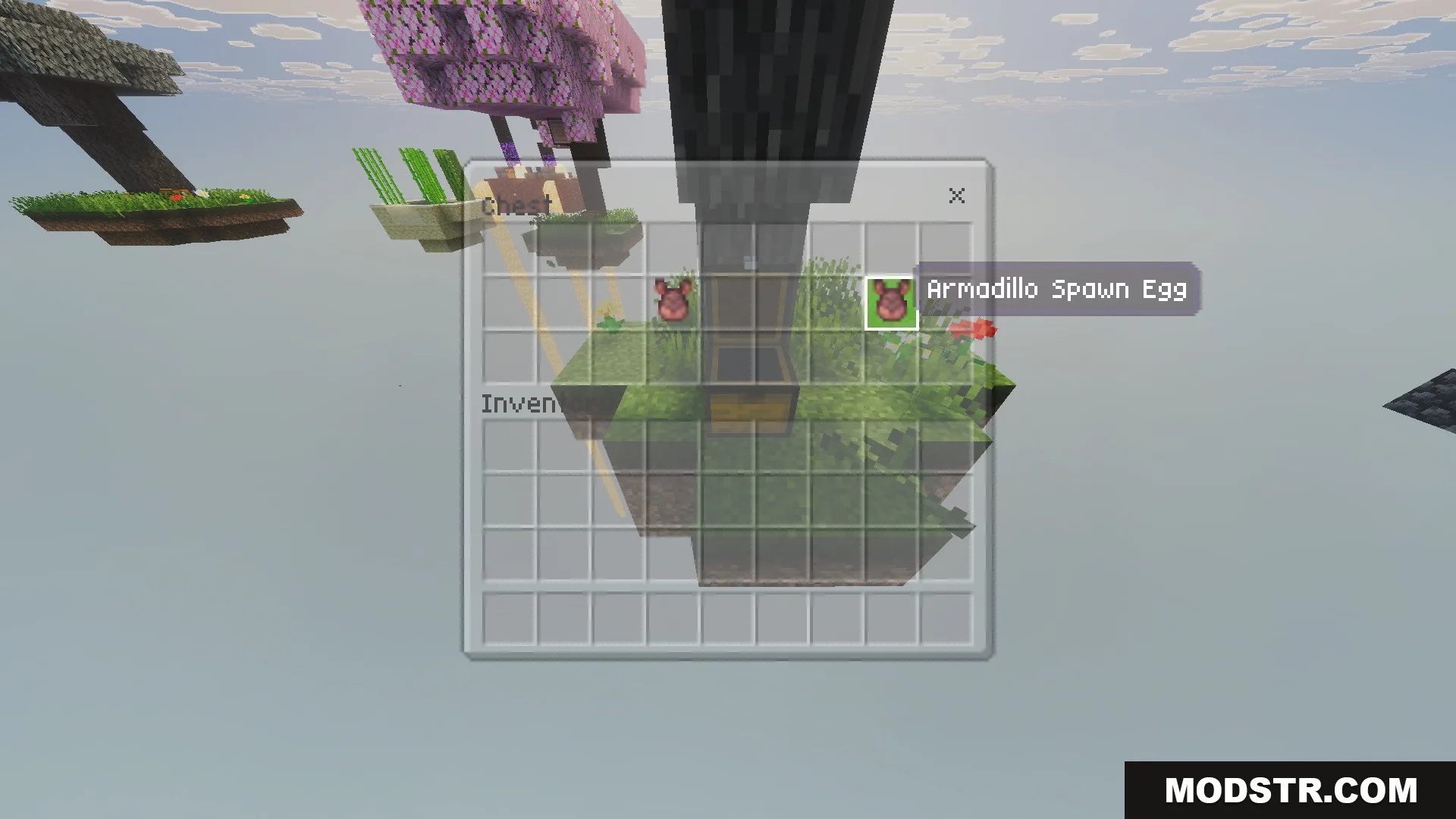 Skyblock Survival Void Island Challenge Map Screenshot 7 A chest inventory containing armadillo spawn eggs on a tiny floating island