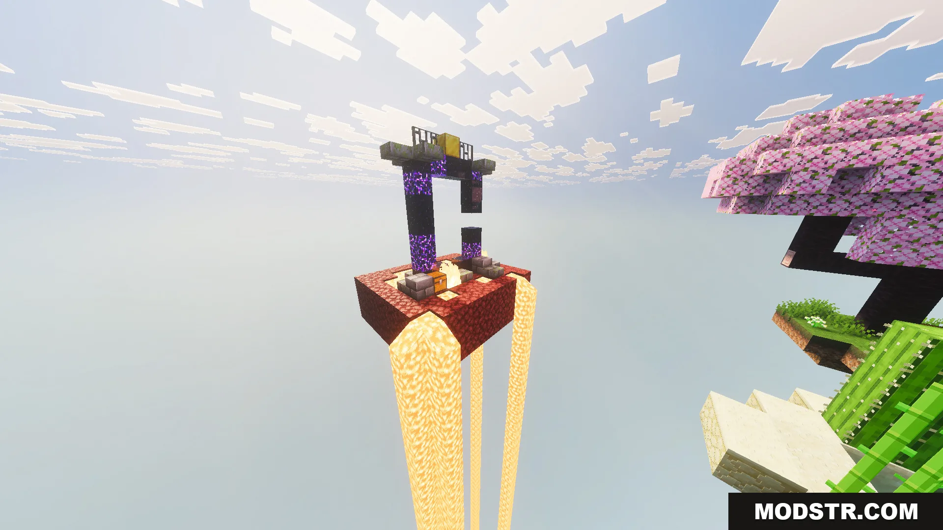 Skyblock Survival Void Island Challenge Map Screenshot 4 Floating netherrack island with a ruined portal structure and falling lava streams