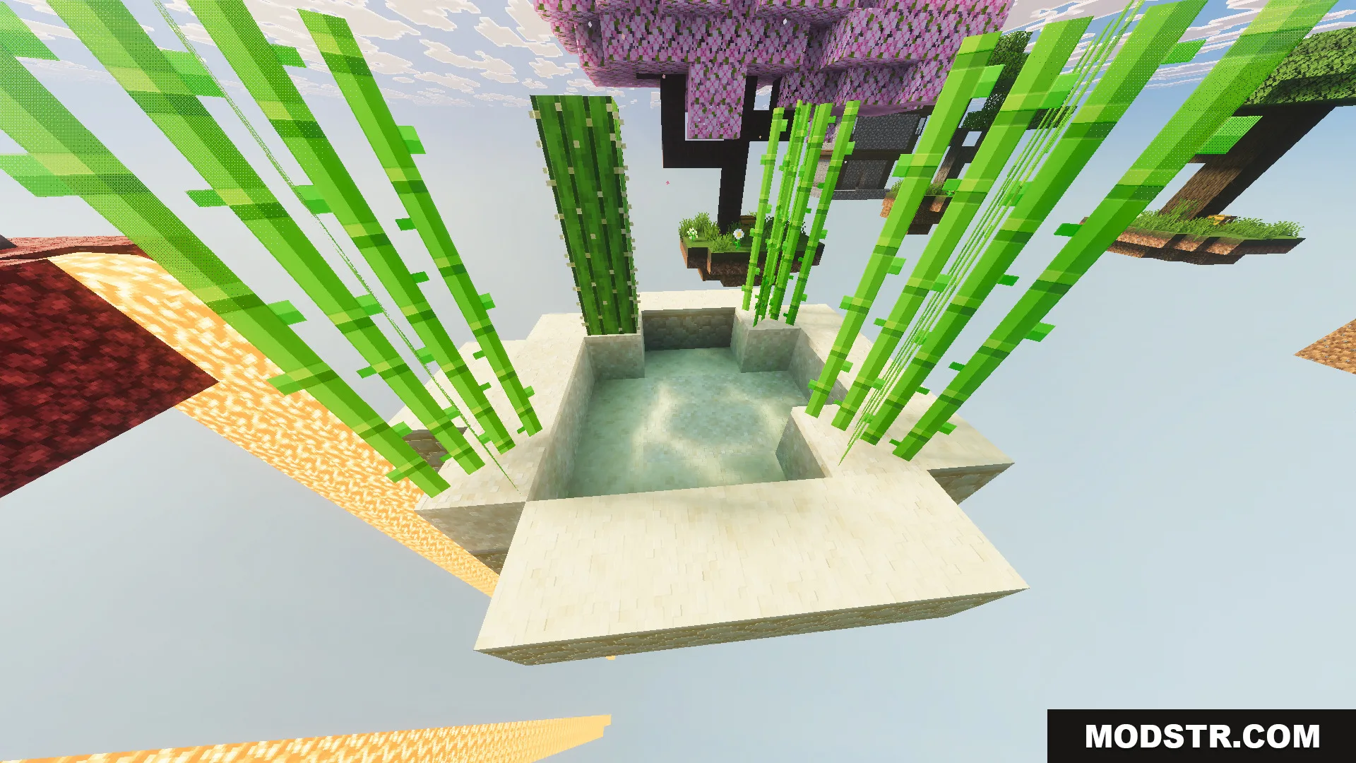 Skyblock Survival Void Island Challenge Map Screenshot 5 Small floating sand island with sugar cane and cactus in the sky