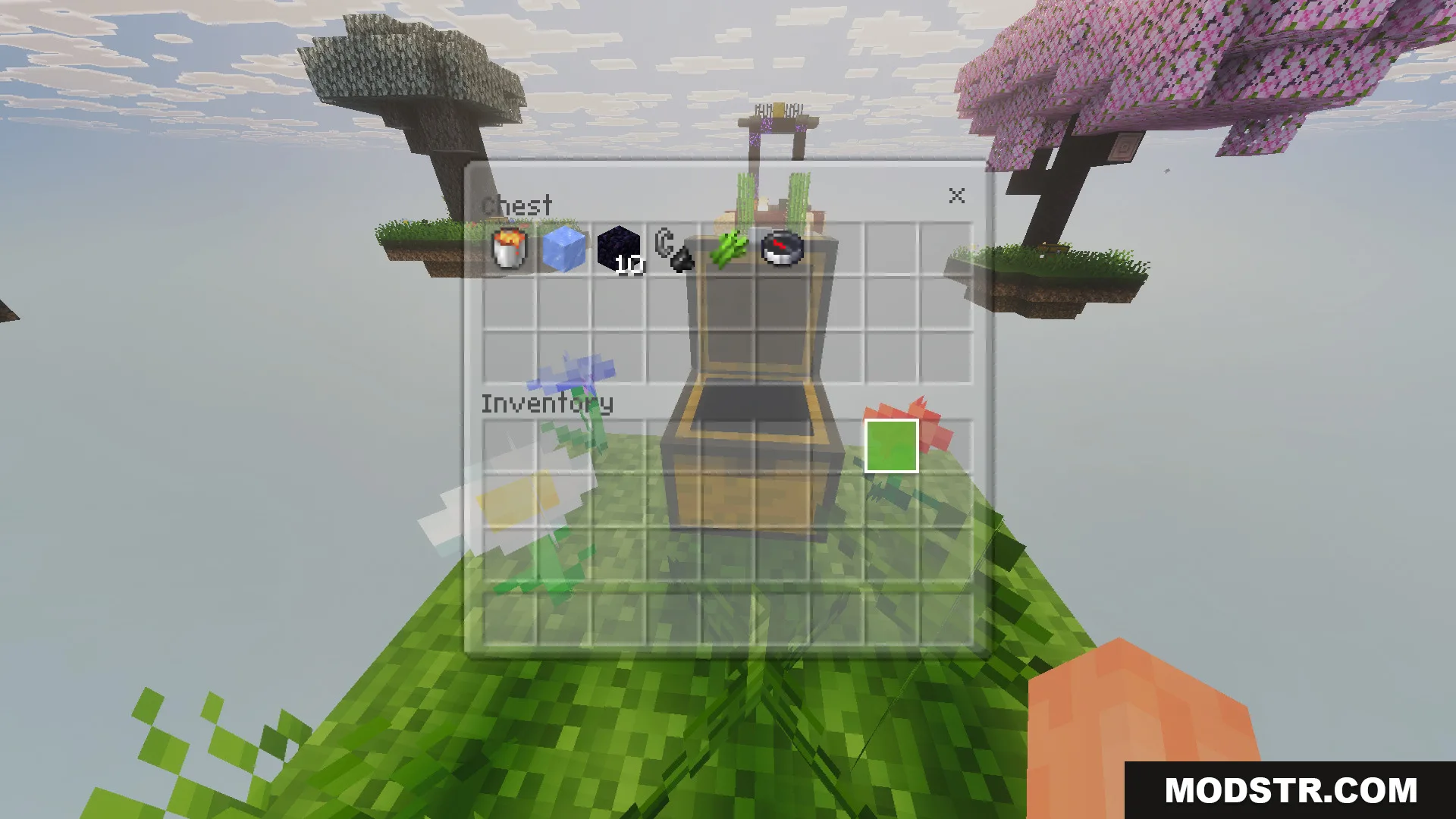 Skyblock Survival Void Island Challenge Map Screenshot 1 Opening a starter chest containing obsidian and ice blocks on a floating island
