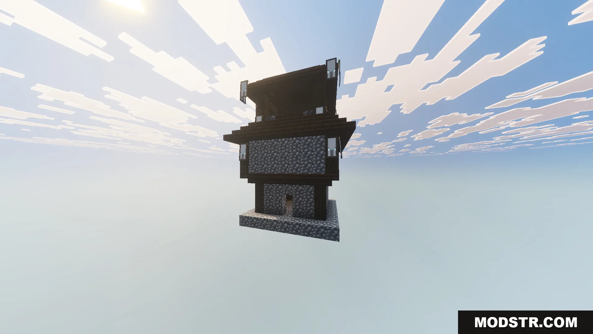 Skyblock Survival Void Island Challenge Map Screenshot 6 Custom pillager outpost structure made of cobblestone floating in the sky