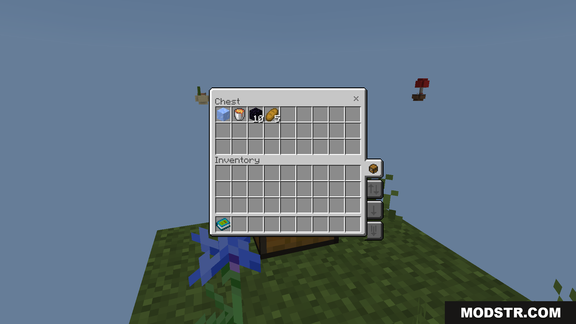 A player begins on a floating island with starting items