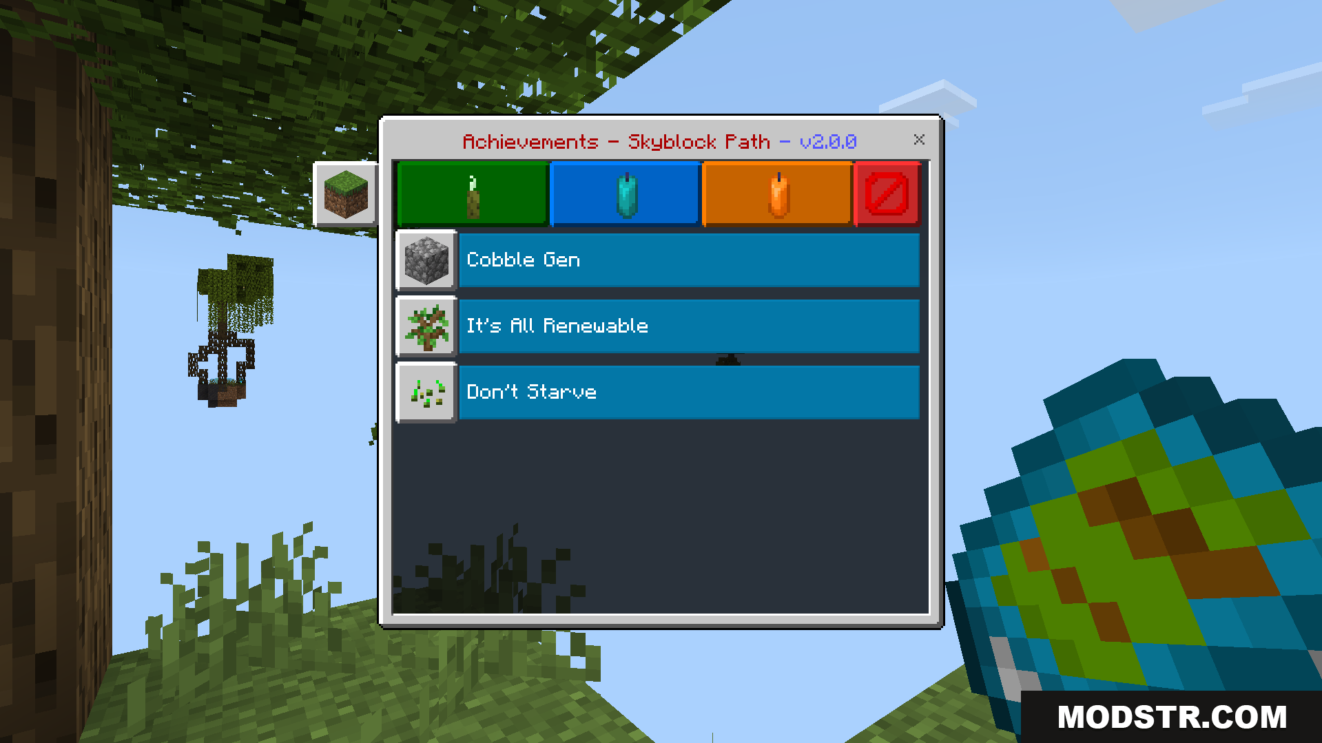 Custom achievements guide players through the floating island survival experience