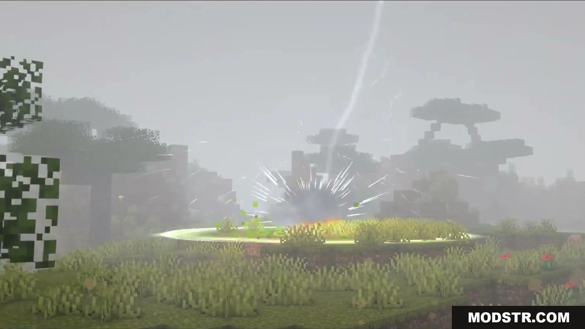 Skybolt Resonance Mod Screenshot 2 Ground impact effects showing sparks and smoke after a powerful lightning strike