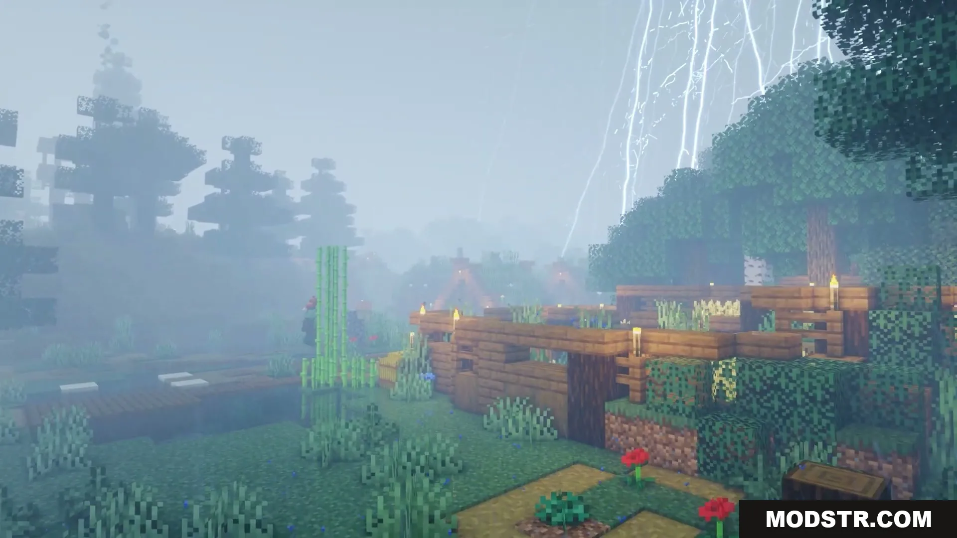 Skybolt Resonance Mod Screenshot 6 Bright lightning forks across a foggy sky above a small Minecraft wooden base