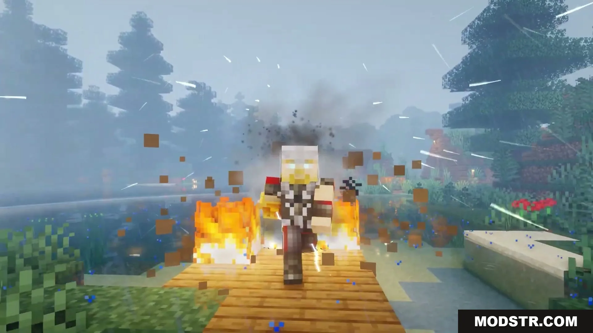Skybolt Resonance Mod Screenshot 10 Minecraft character with glowing eyes walks through fire and smoke after a strike