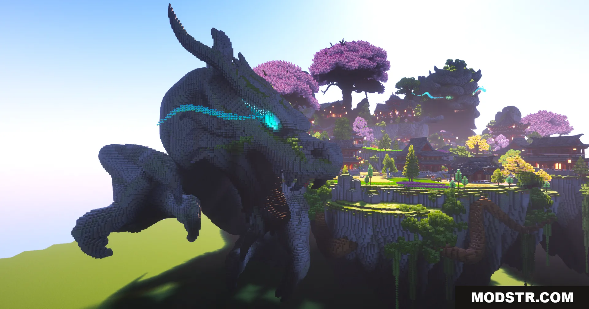 SkyFarm Blossom Map Screenshot 9 Massive dragon statue with glowing cyan eyes beside floating islands with cherry blossoms