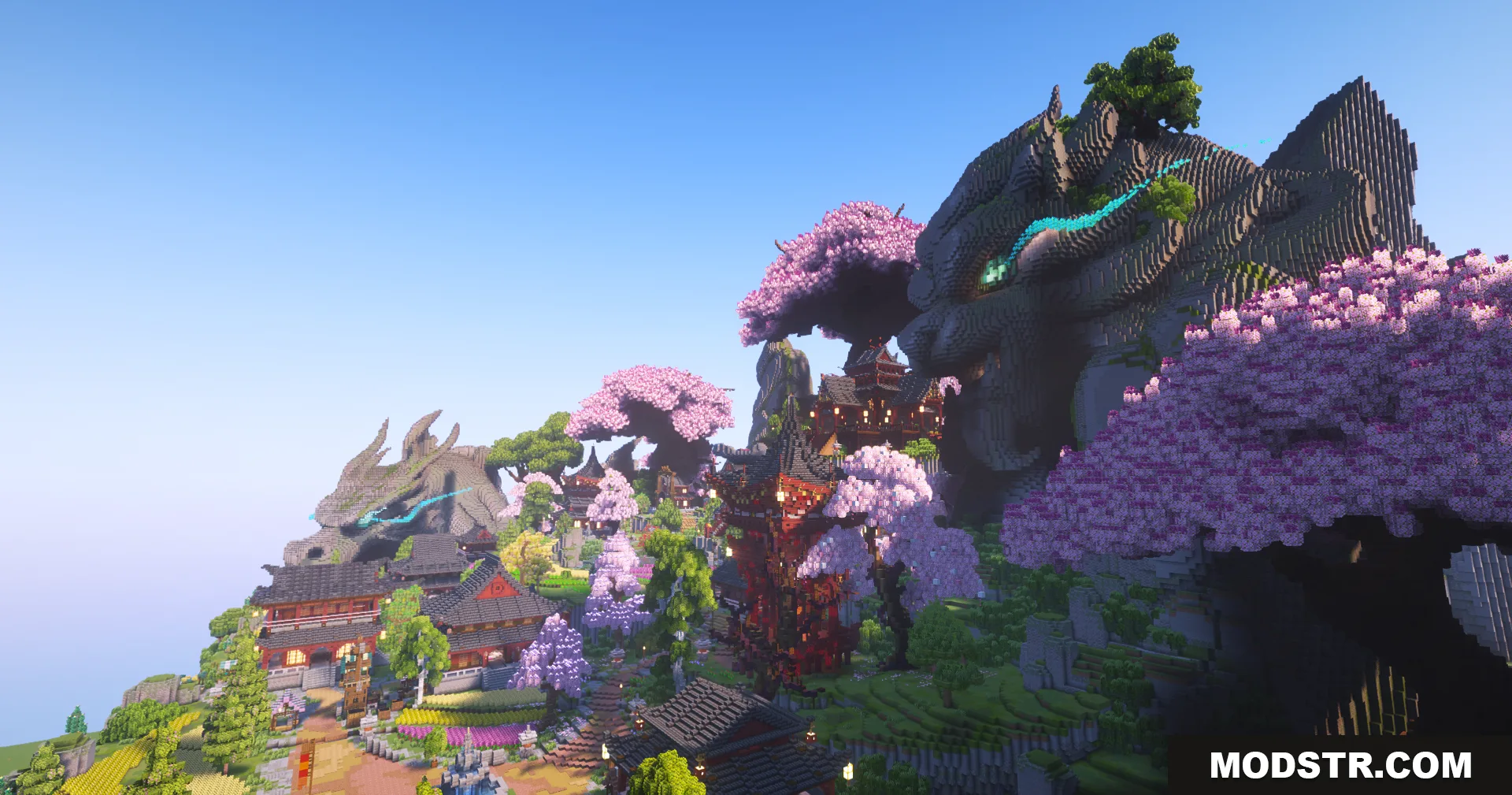 SkyFarm Blossom Map Screenshot 4 Sprawling Asian village with pink cherry blossom trees and giant stone dragon statues