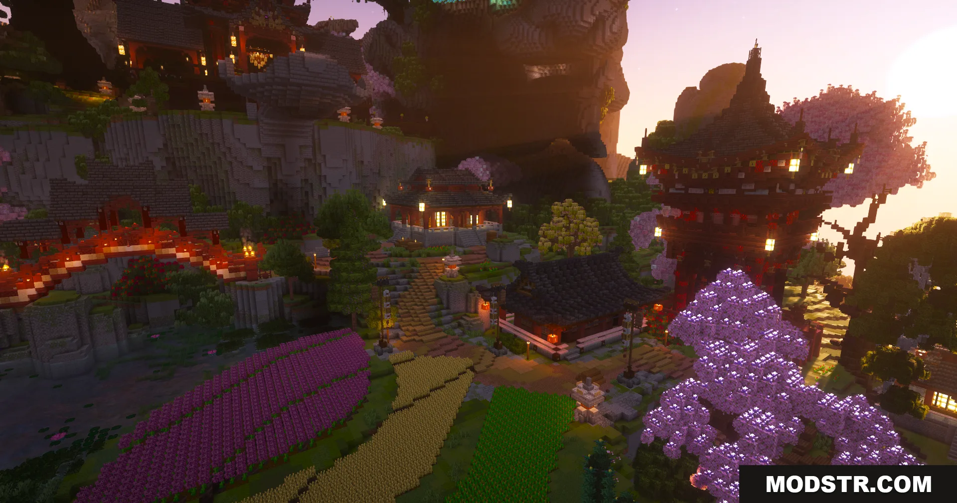 SkyFarm Blossom Map Screenshot 8 Minecraft Asian style village at sunset featuring tall pagoda and terraced fields
