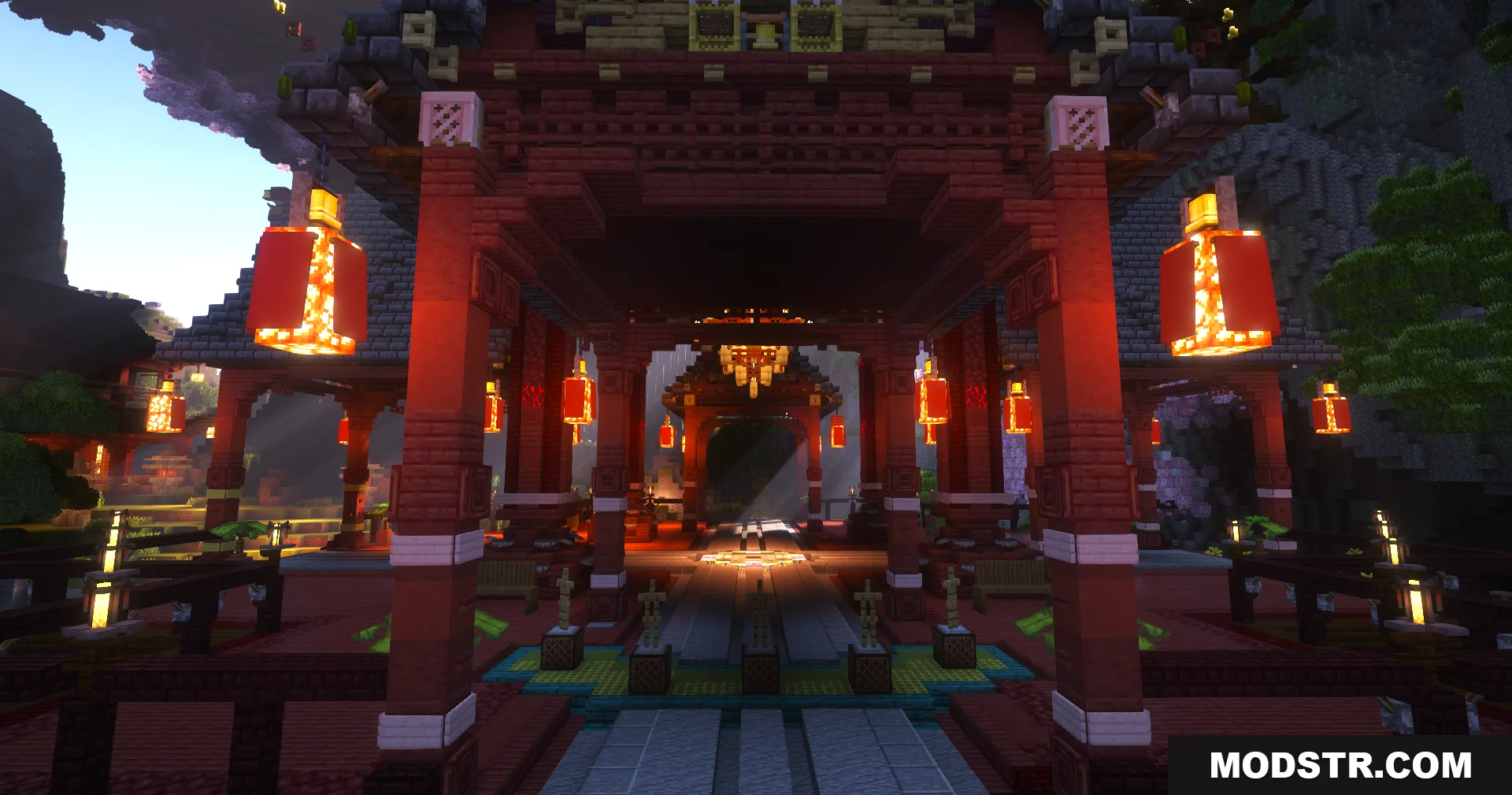 SkyFarm Blossom Map Screenshot 3 Large Asian style pavilion with red pillars and glowing orange lanterns hanging down