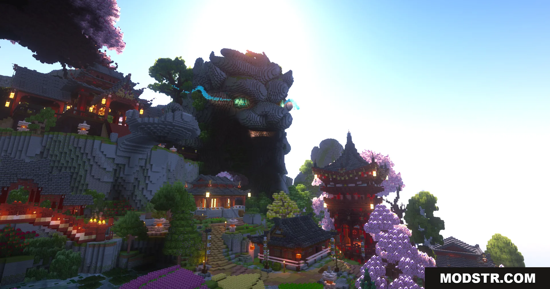 SkyFarm Blossom Map Screenshot 1 Giant stone creature head carved into mountain near Asian style temples