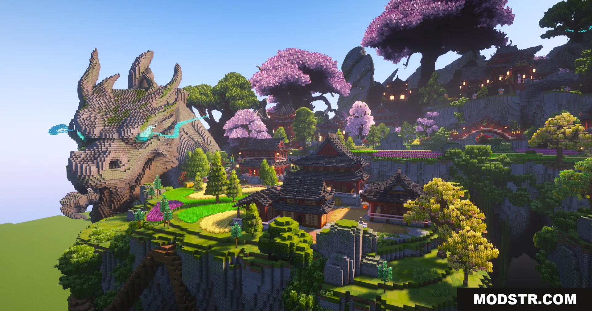 SkyFarm Blossom Map Screenshot 5 Massive stone dragon statue overlooking Asian style buildings and cherry blossom trees