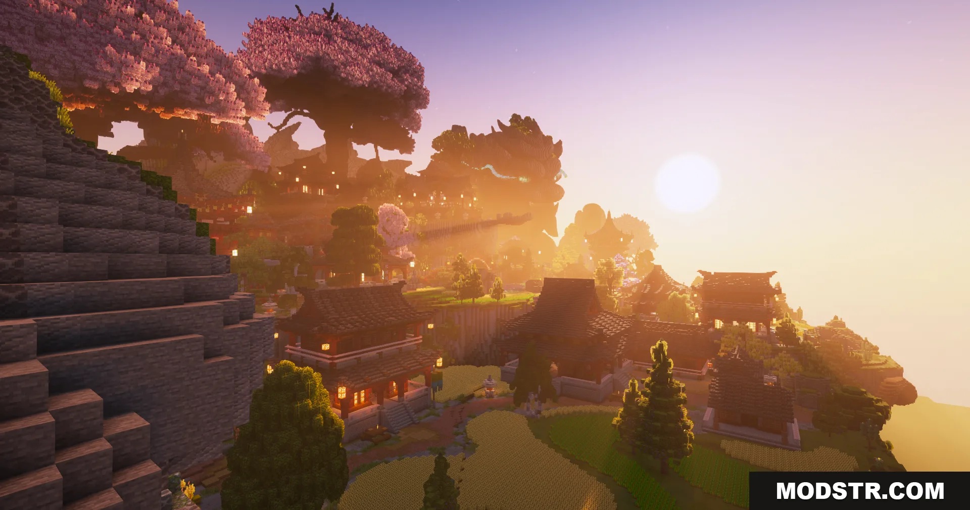 SkyFarm Blossom Map Screenshot 2 Warm sunset over Asian style village with cherry blossom trees and lit lanterns