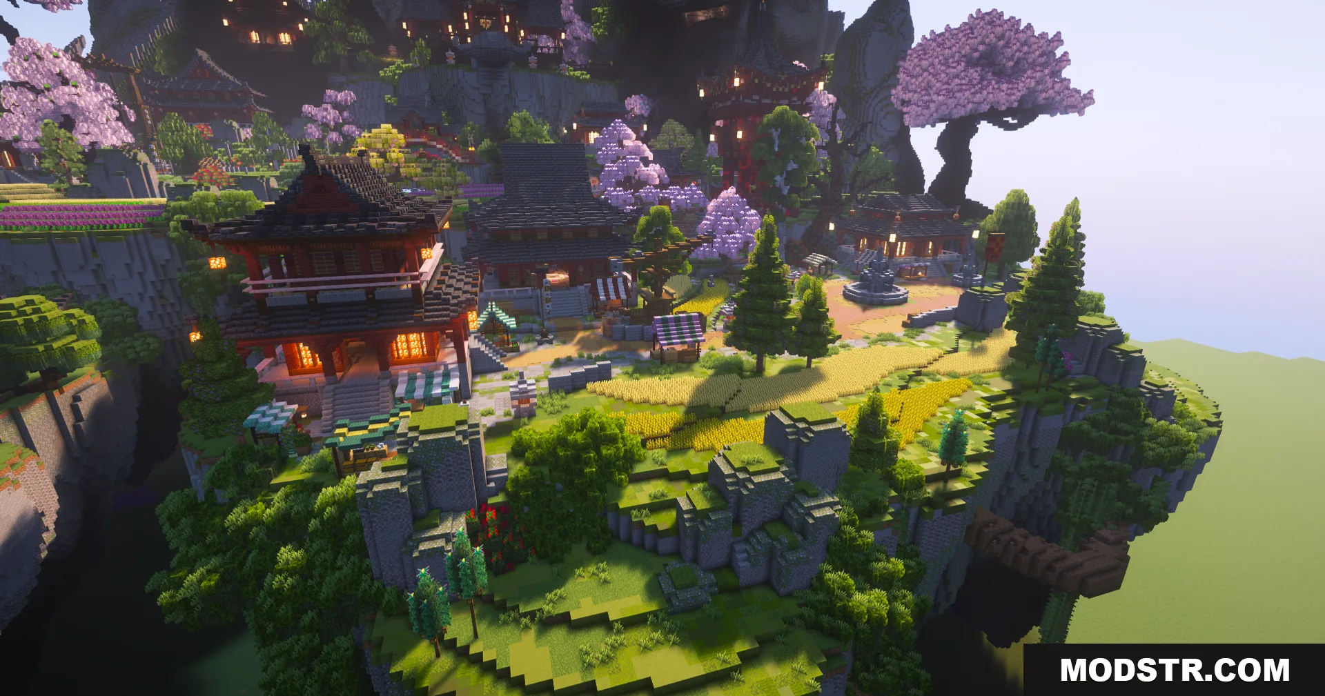 SkyFarm Blossom Map Screenshot 6 Asian style buildings with glowing lanterns and small farms on a floating island