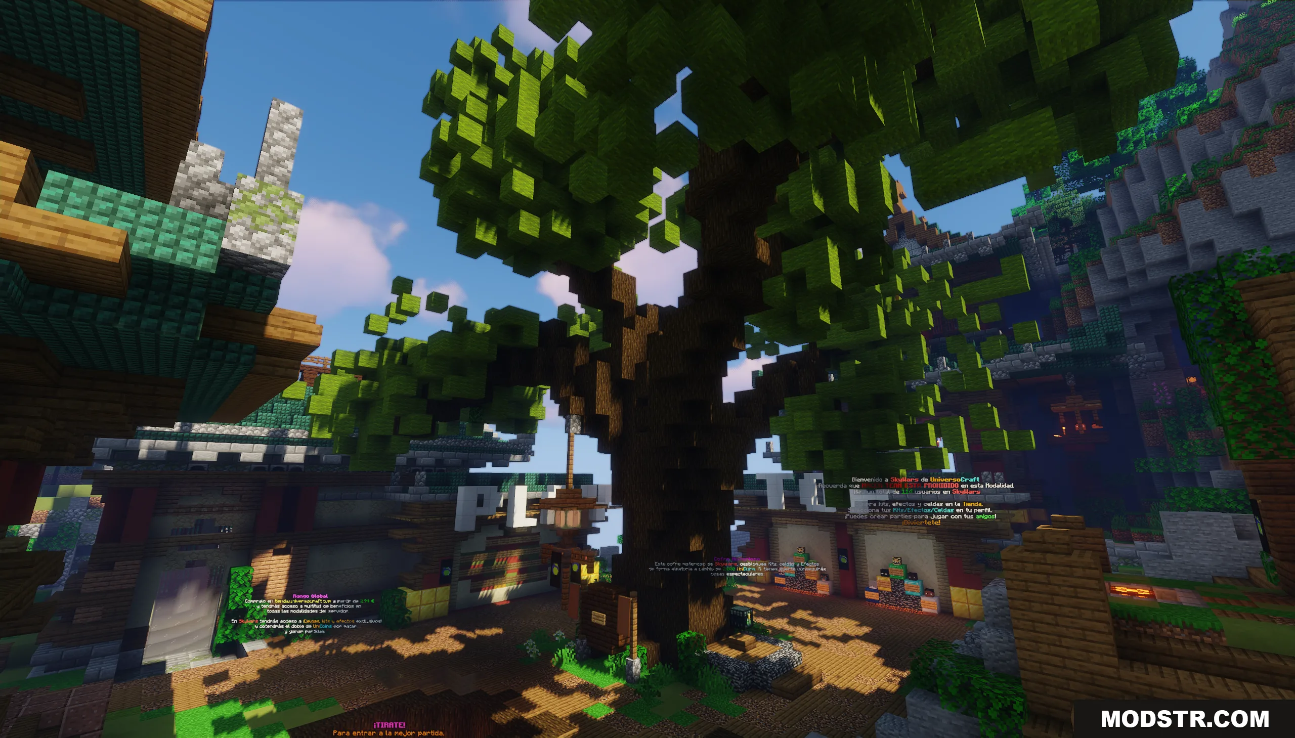 SkyWars Lobby Map Screenshot 2 A large custom tree standing in the center of a detailed Minecraft lobby courtyard