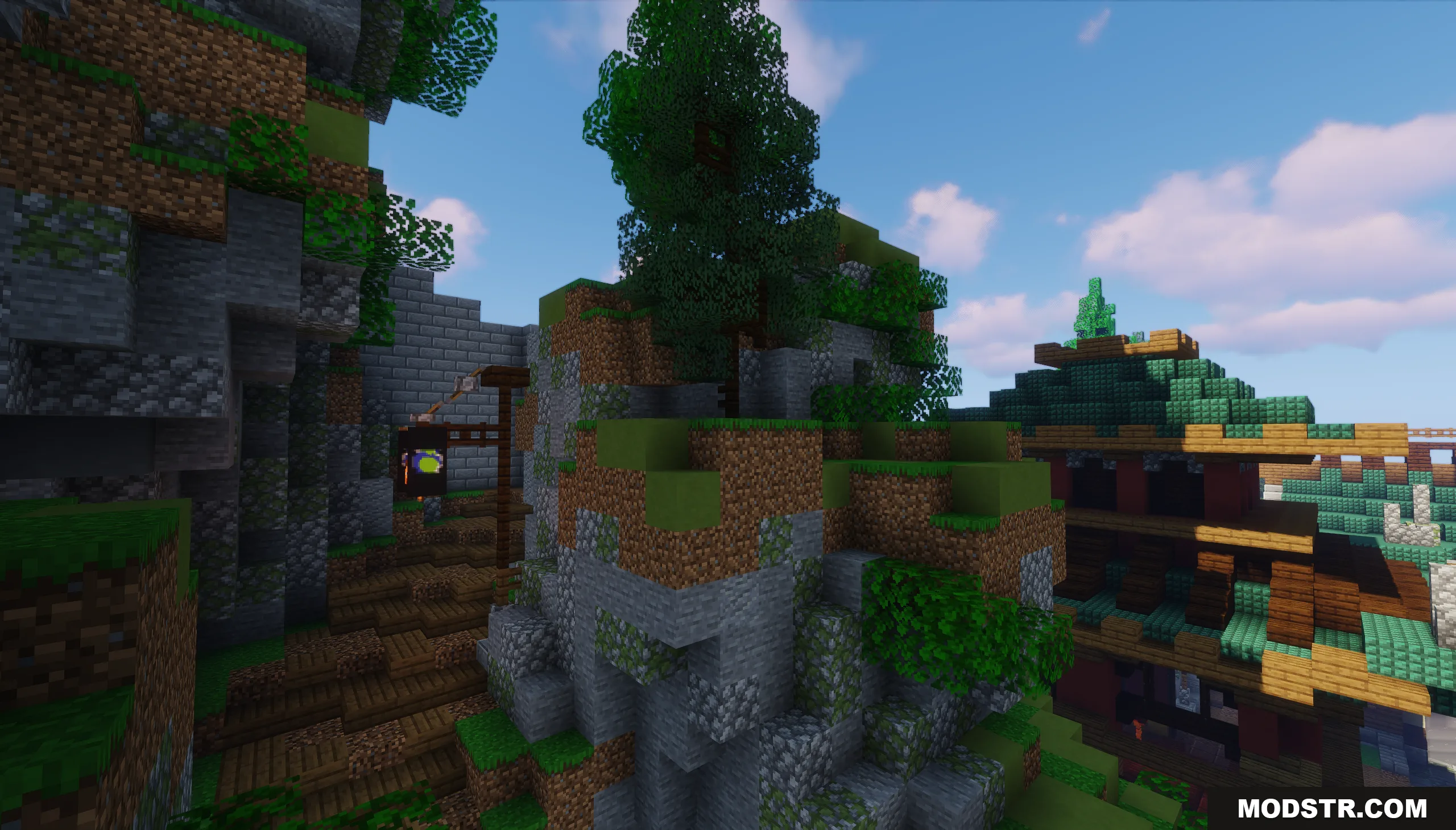 SkyWars Lobby Map Screenshot 10 A rocky hill with stone walls and wooden buildings in Minecraft