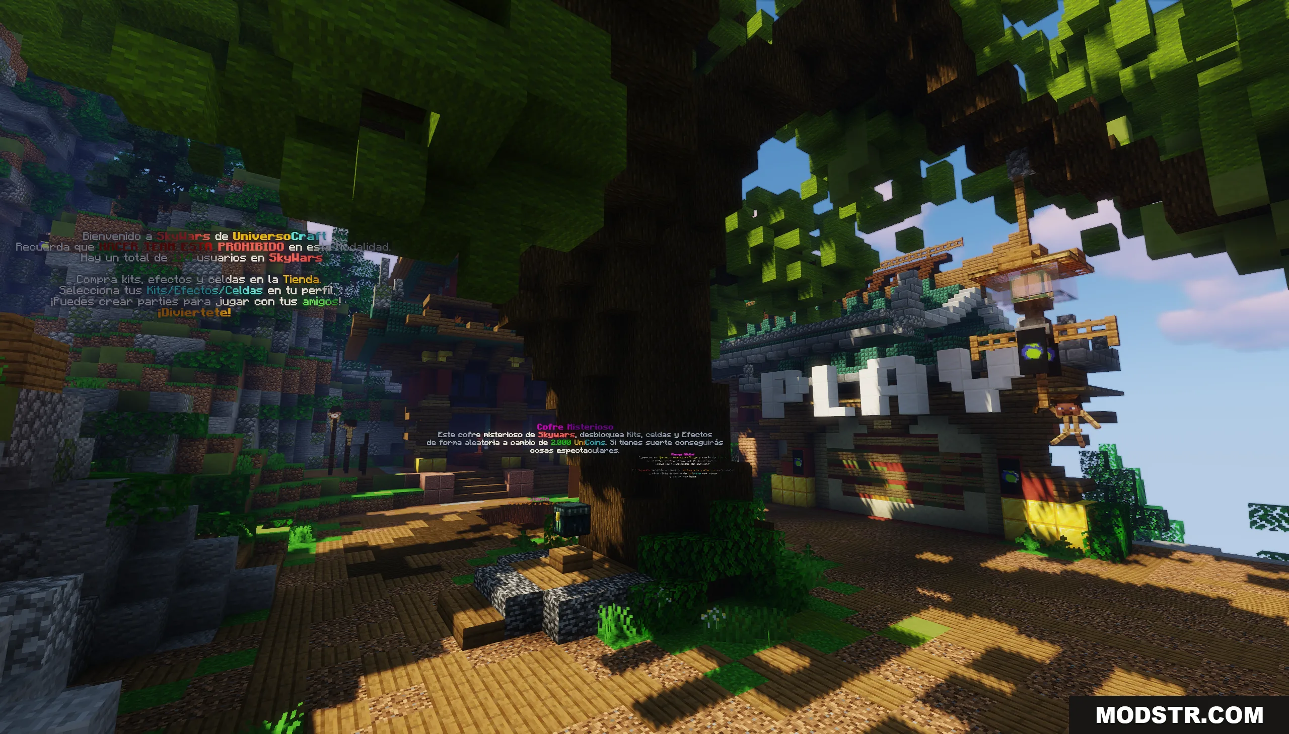 SkyWars Lobby Map Screenshot 9 A large tree stands in the SkyWars lobby map with a play sign