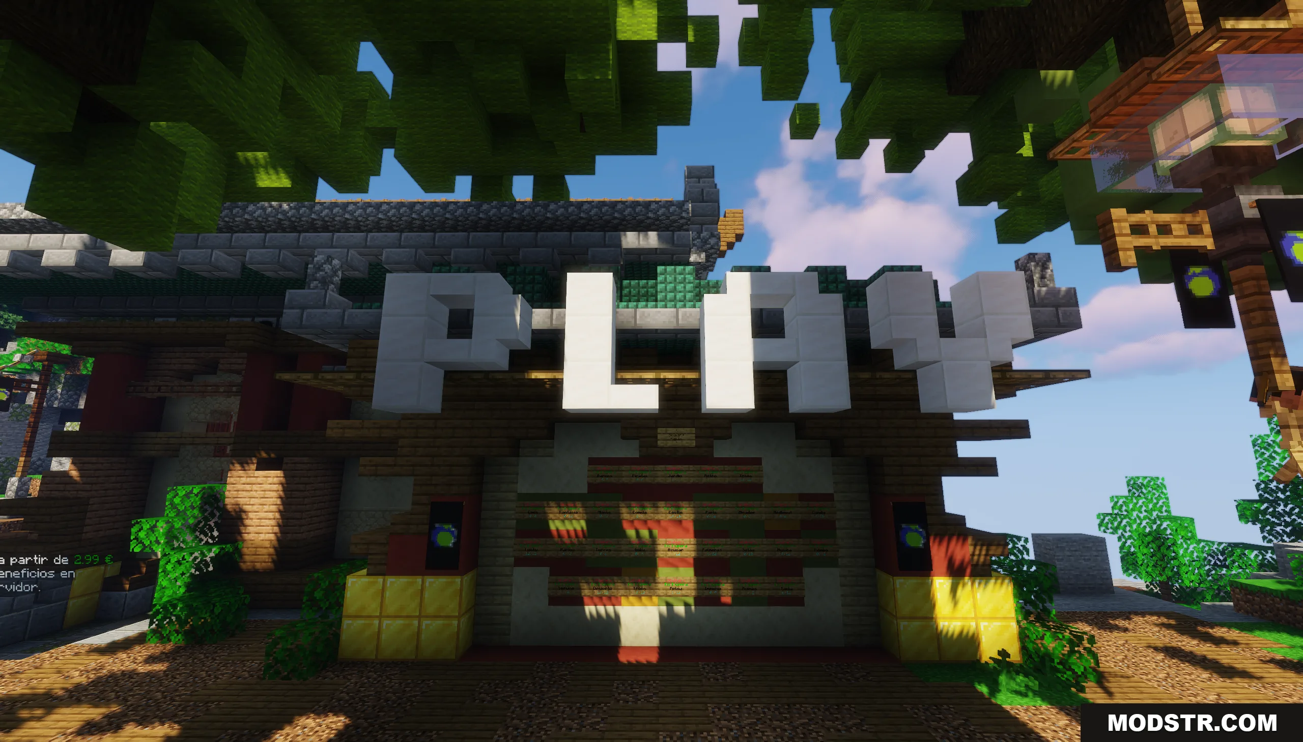 SkyWars Lobby Map Screenshot 6 A large white sign that says PLAY above a wooden building entrance