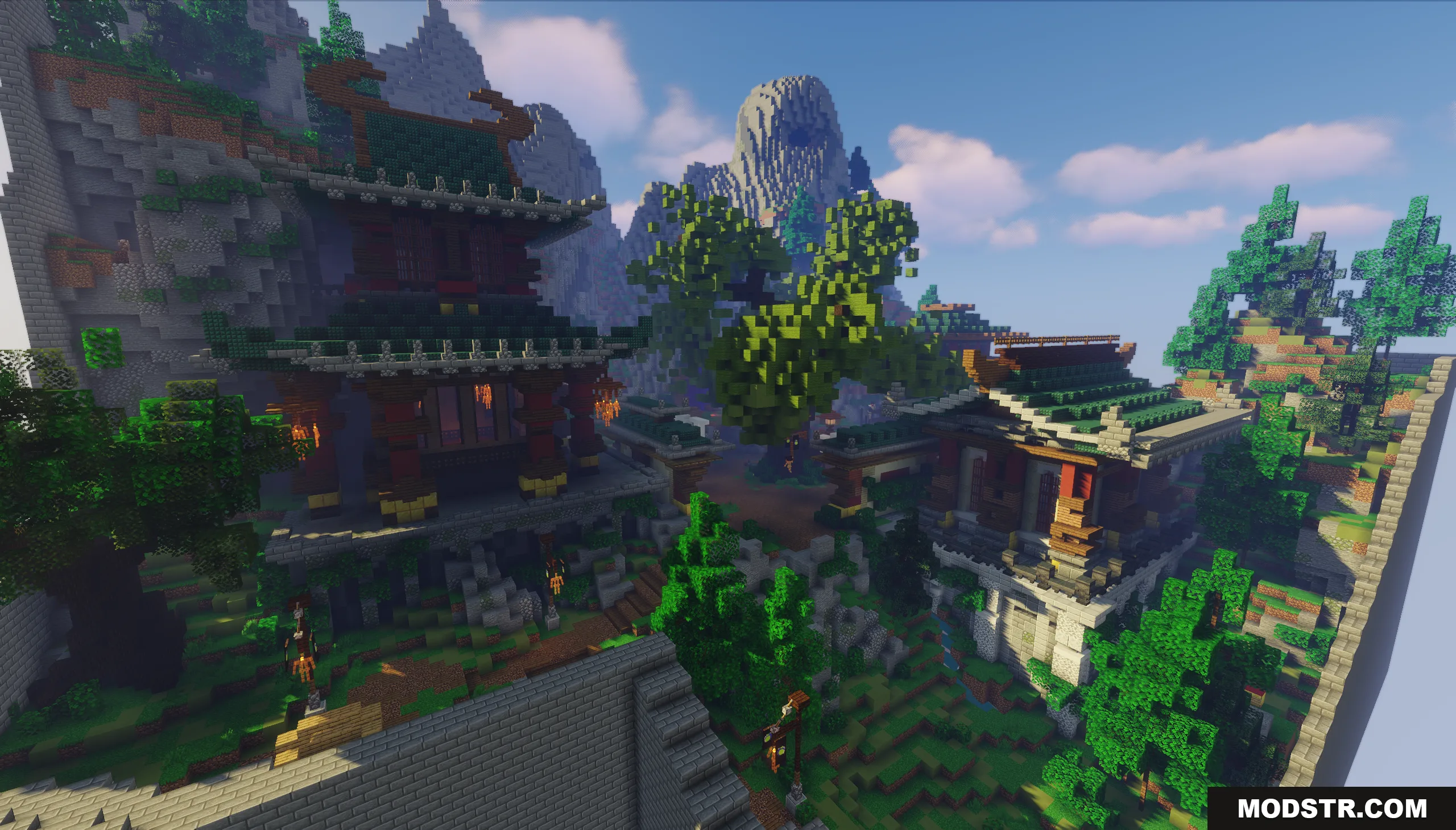 SkyWars Lobby Map Screenshot 1 Scenic view of a SkyWars lobby map featuring traditional Asian architecture in Minecraft