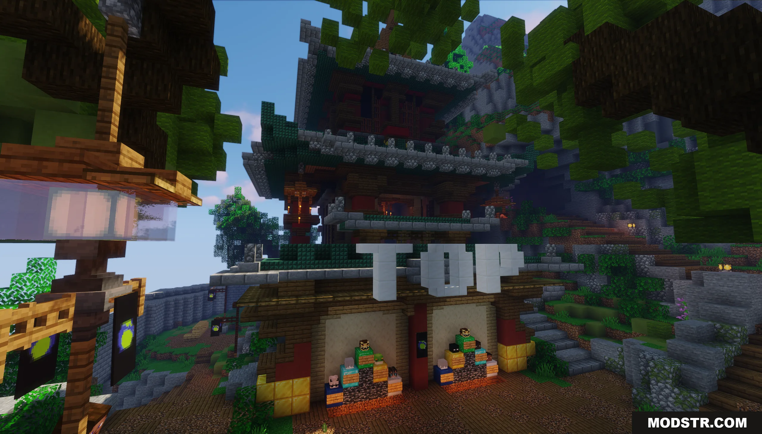 SkyWars Lobby Map Screenshot 3 A large oriental building featuring a white TOP sign and player heads