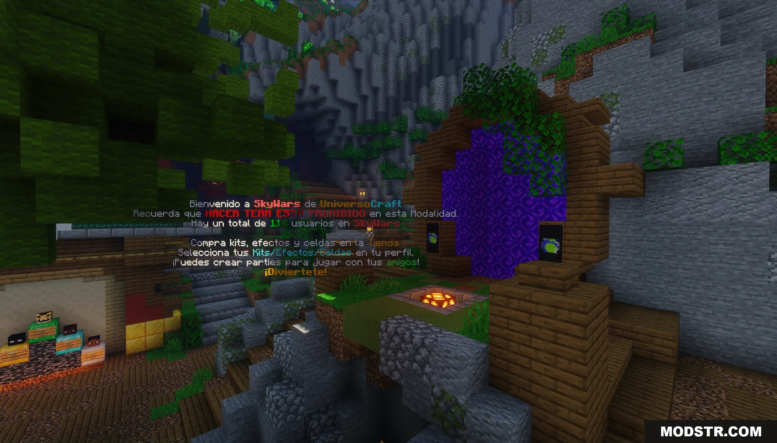 SkyWars Lobby Map Screenshot 5 A purple portal inside a wooden structure in the SkyWars lobby map