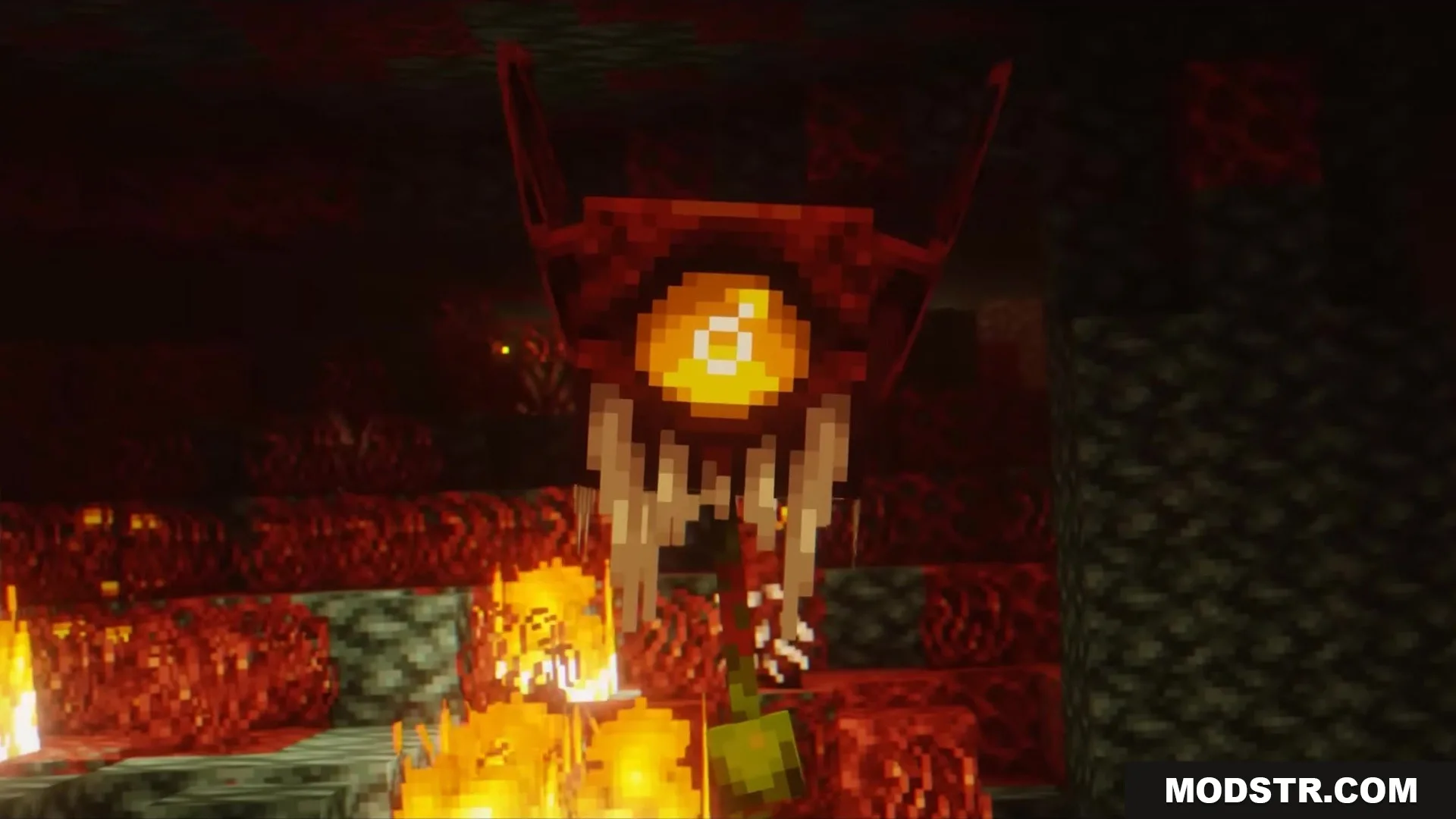 Slag N' Embers Mod Screenshot 2 A mechanical eye entity with white tassels floating in a Nether environment