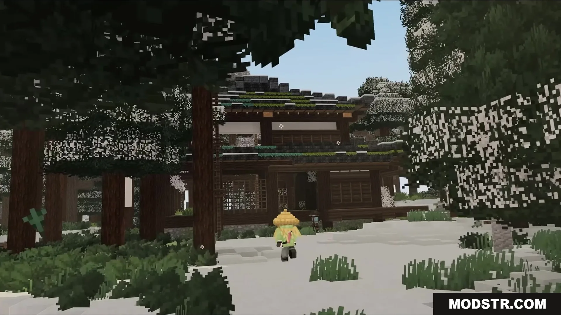 Slag N' Embers Mod Screenshot 9 A player wearing a straw hat walks toward a Japanese style wooden house