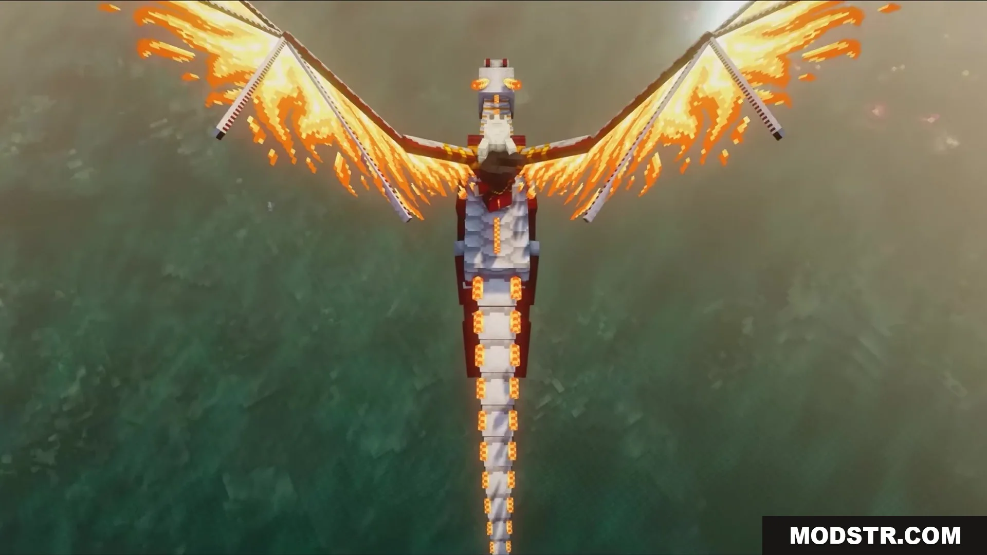 Slag N' Embers Mod Screenshot 8 A large white dragon with fiery wings flying over a green forest landscape