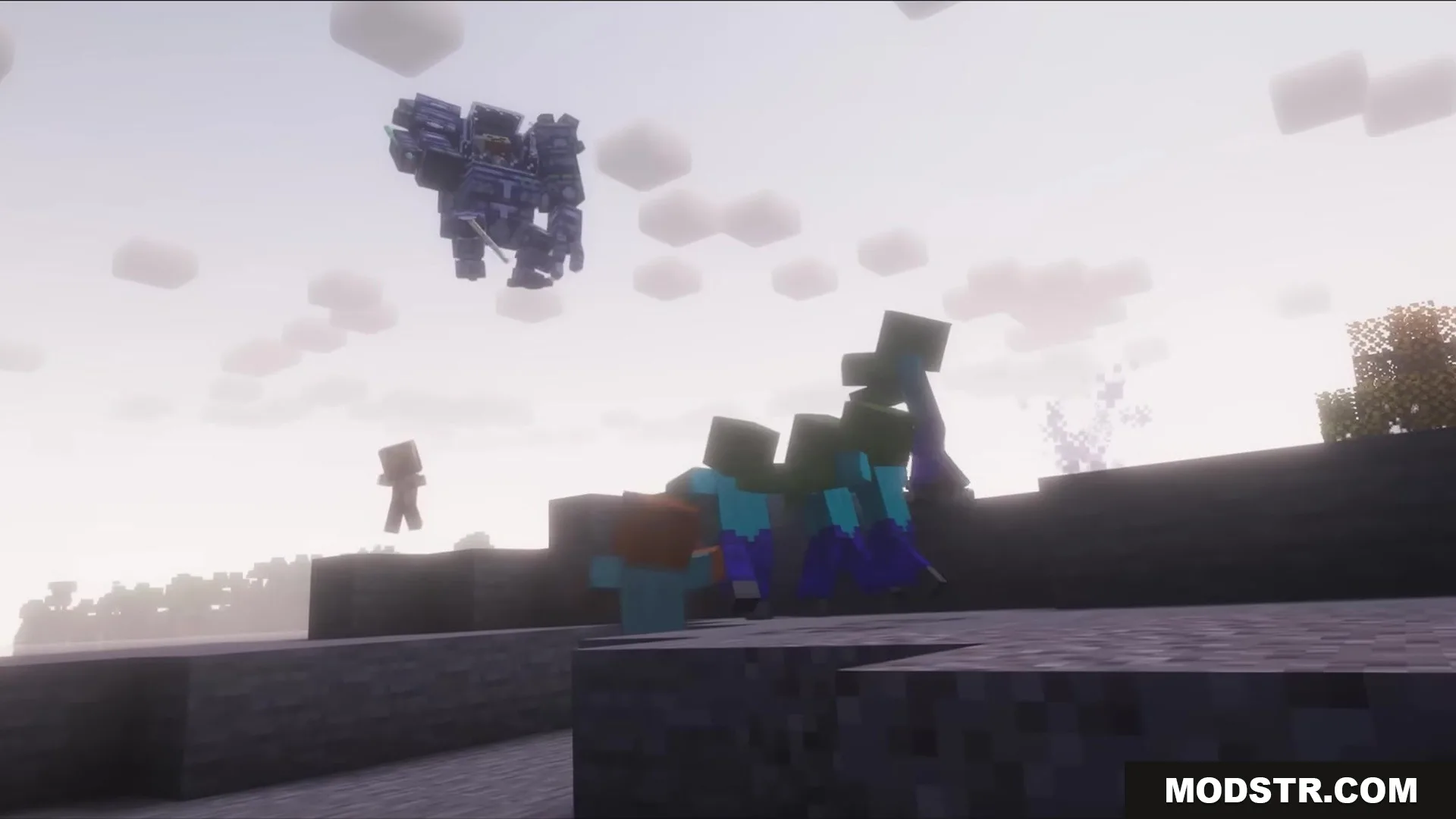 Slag N' Embers Mod Screenshot 6 A giant blue mechanical robot flying above a group of zombies in Minecraft