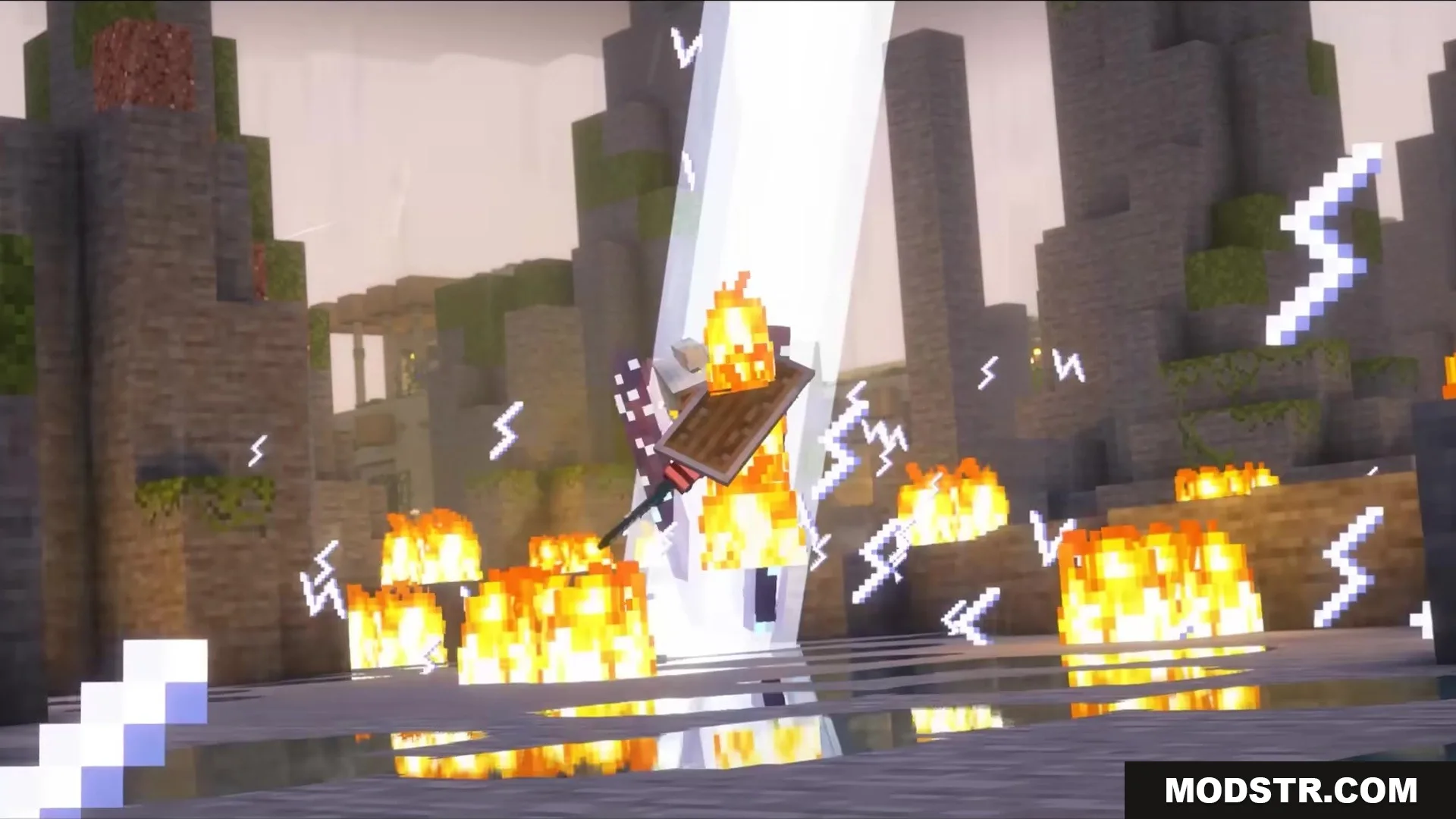 Slag N' Embers Mod Screenshot 3 A character hit by a beam of light with fire and lightning sparks