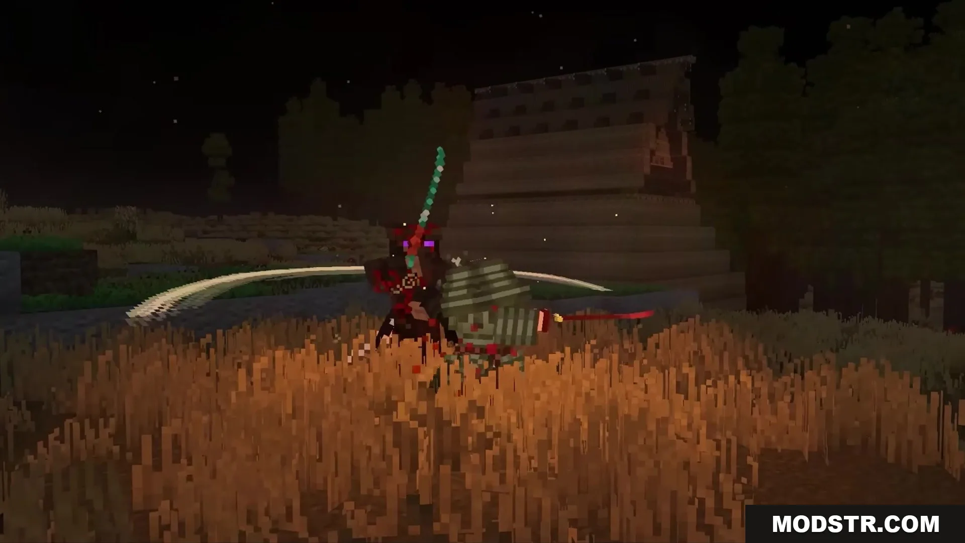 Slag N' Embers Mod Screenshot 10 A character fighting a dark mob in a field of tall golden grass