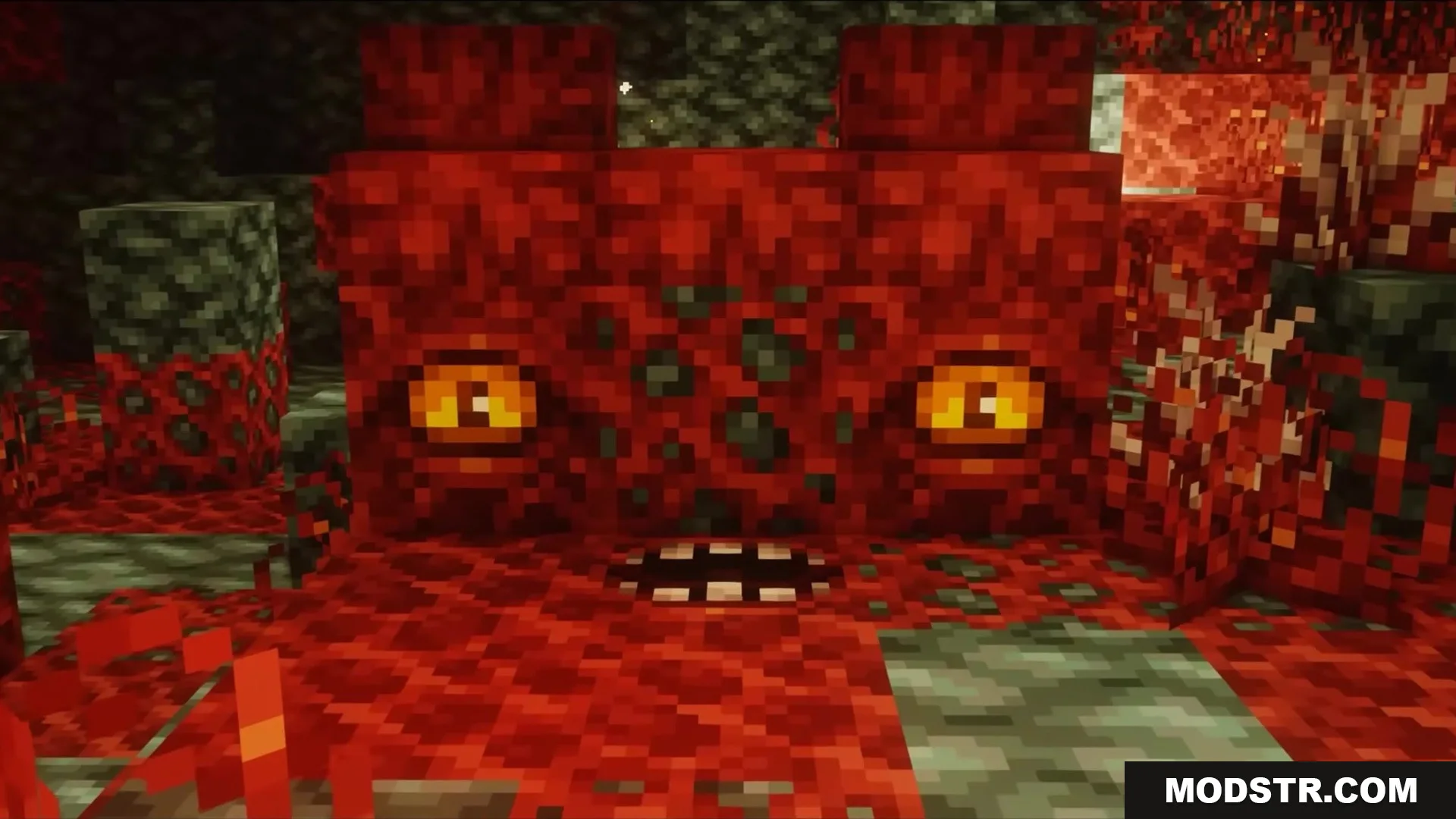Slag N' Embers Mod Screenshot 4 Red blocks forming a creepy face with glowing yellow eyes in the nether