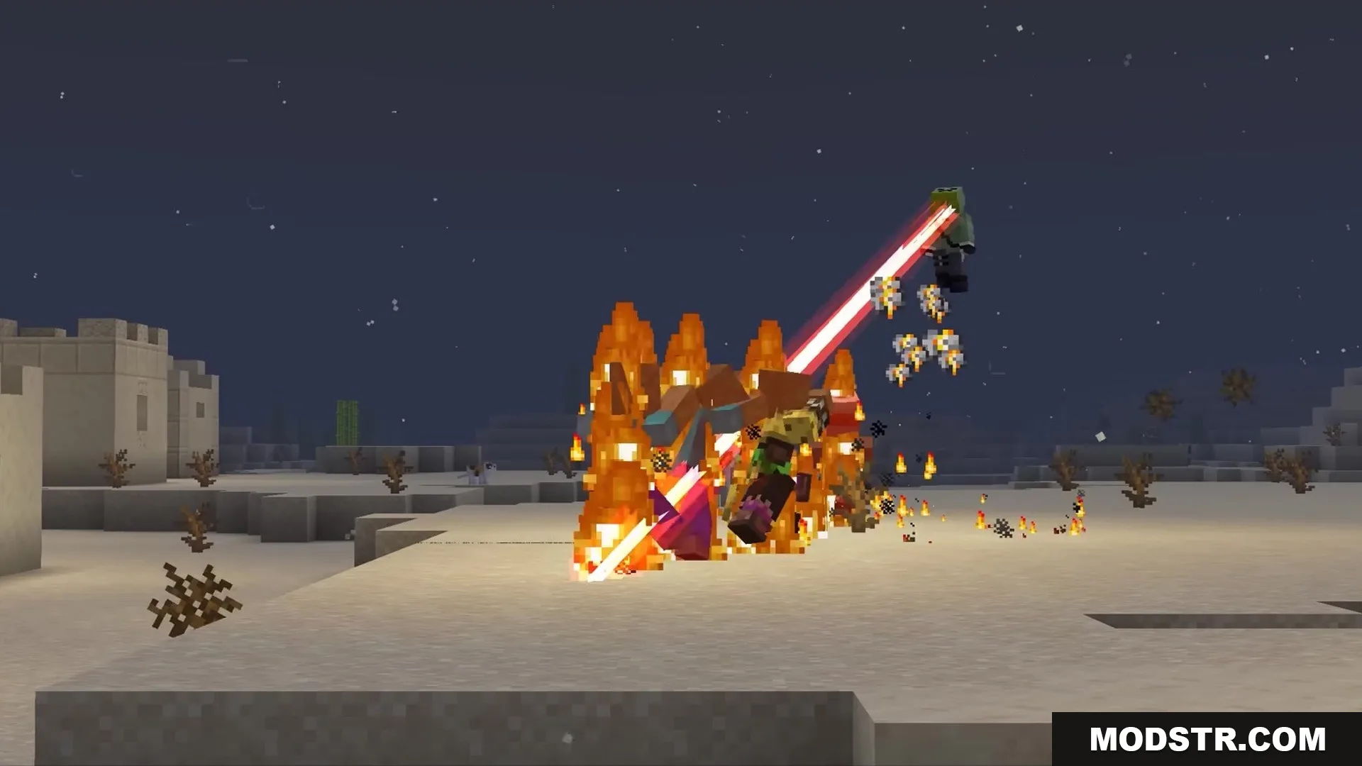 Slag N' Embers Mod Screenshot 1 A mob fires a red laser beam at burning enemies in the desert