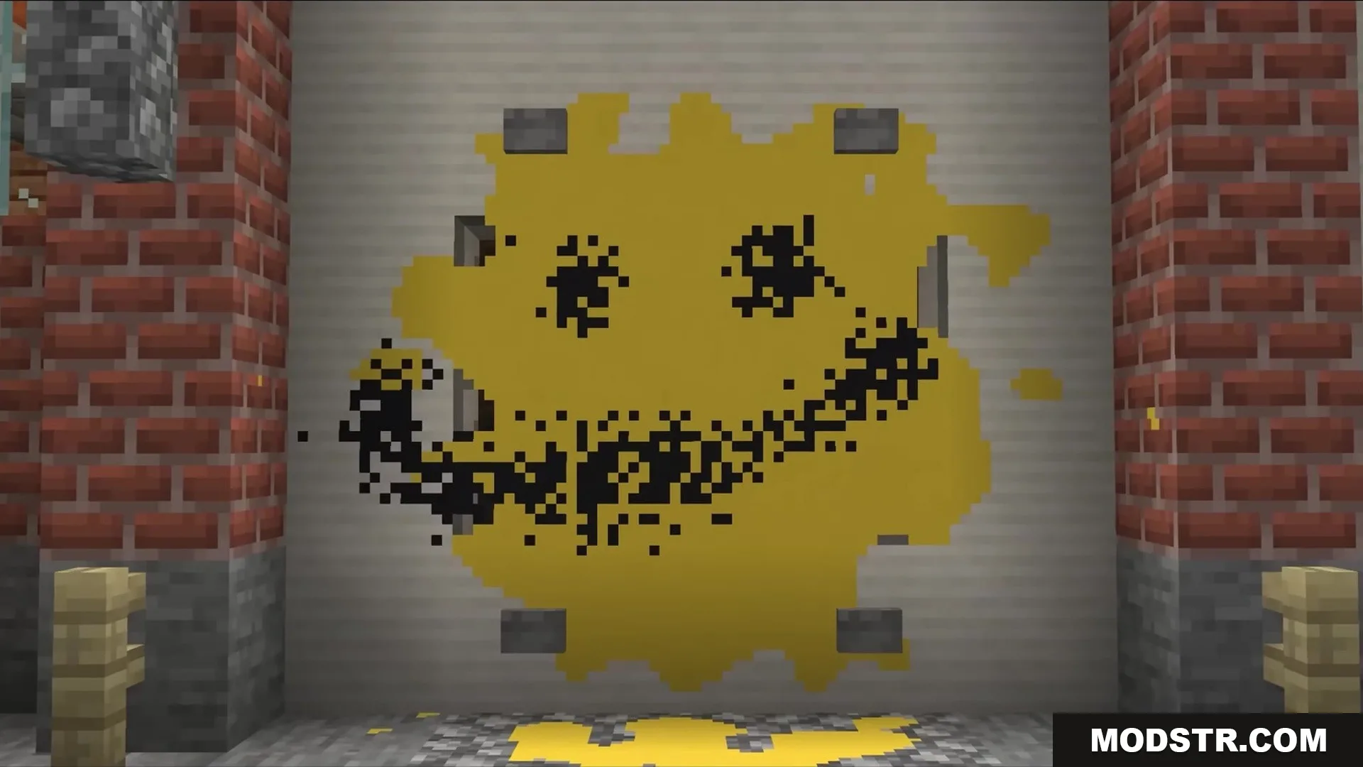 Slag N' Embers Mod Screenshot 7 A yellow splattered smiley face painted on a wall with stone buttons