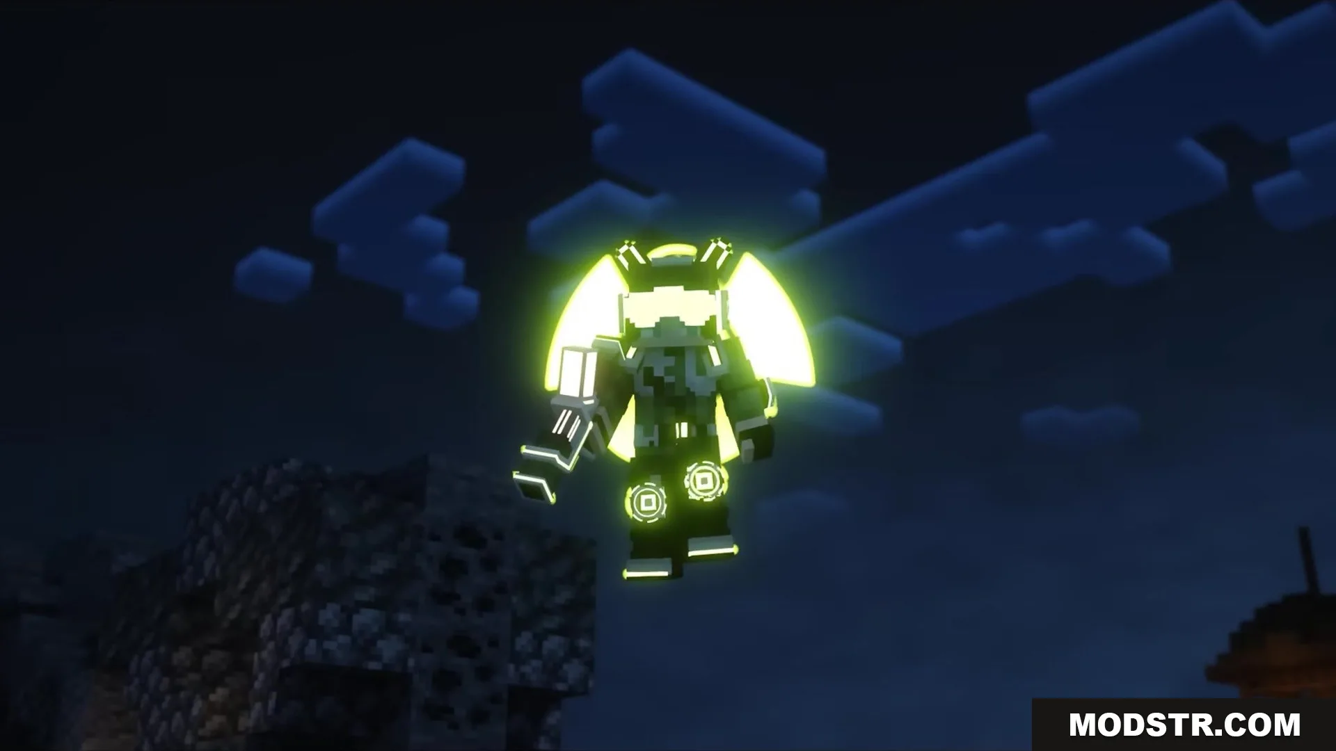 Slag N' Embers Mod Screenshot 5 A player wearing glowing yellow futuristic armor with wings flying in the night sky