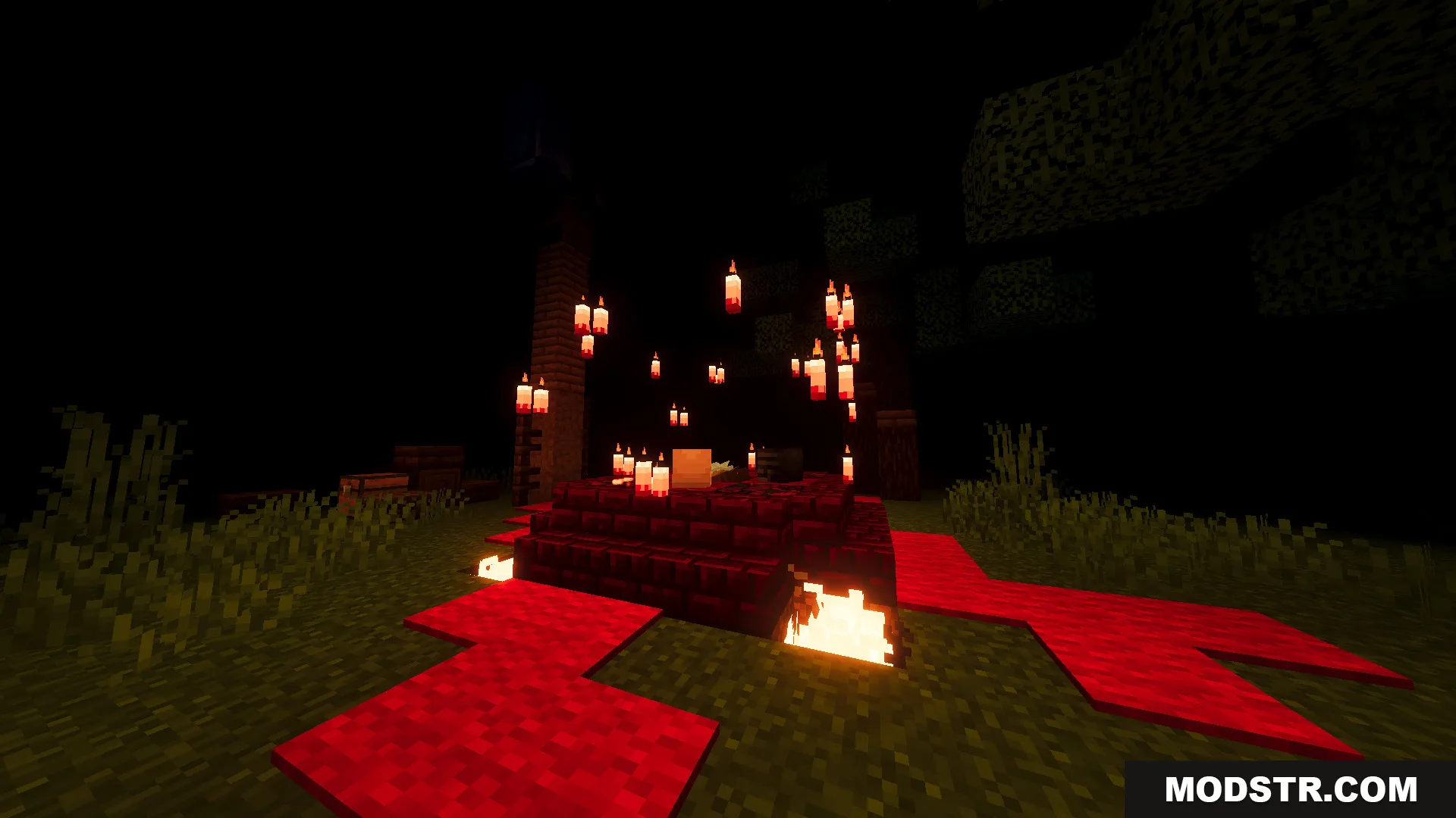 Slenderman Online Map Screenshot 4 Dark forest scene with red carpet fire and many floating red candles
