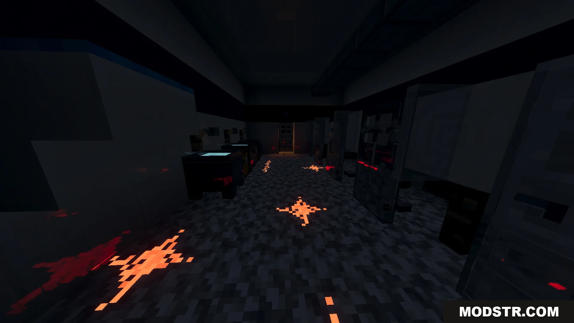 Slenderman Online Map Screenshot 9 Dark facility interior with glowing red symbols and blood stains on the floor